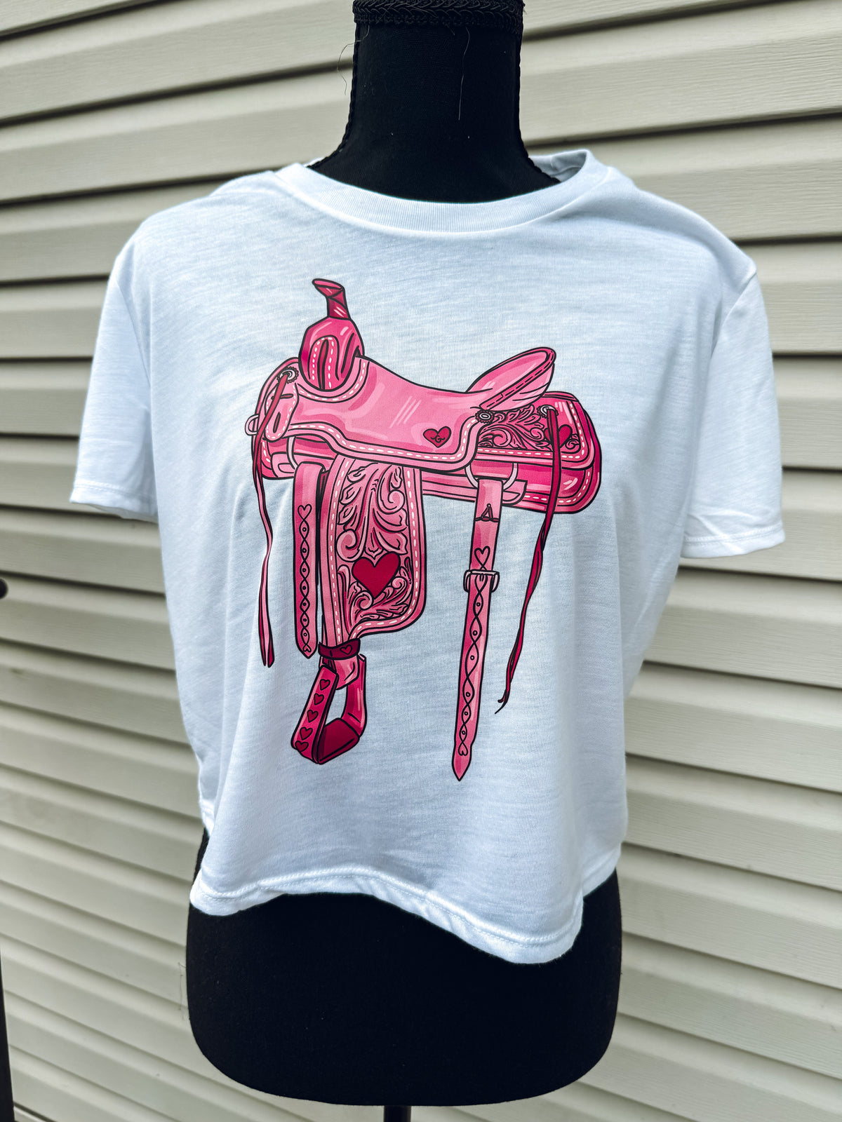 Pink Tooled Saddle Crop Tee (White)