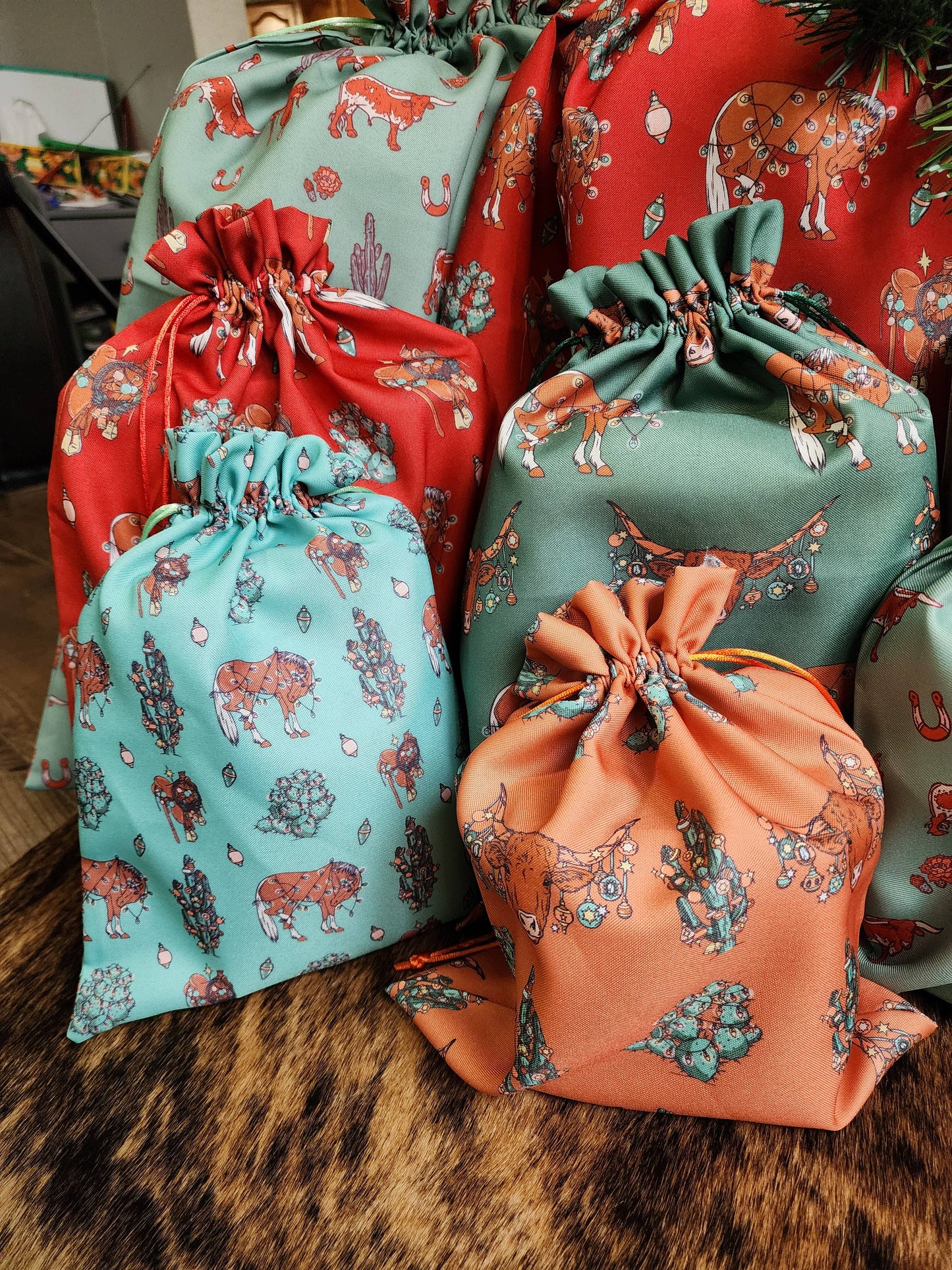 Western Christmas Reusable Gift Bags-Burnt Orange Ornaments