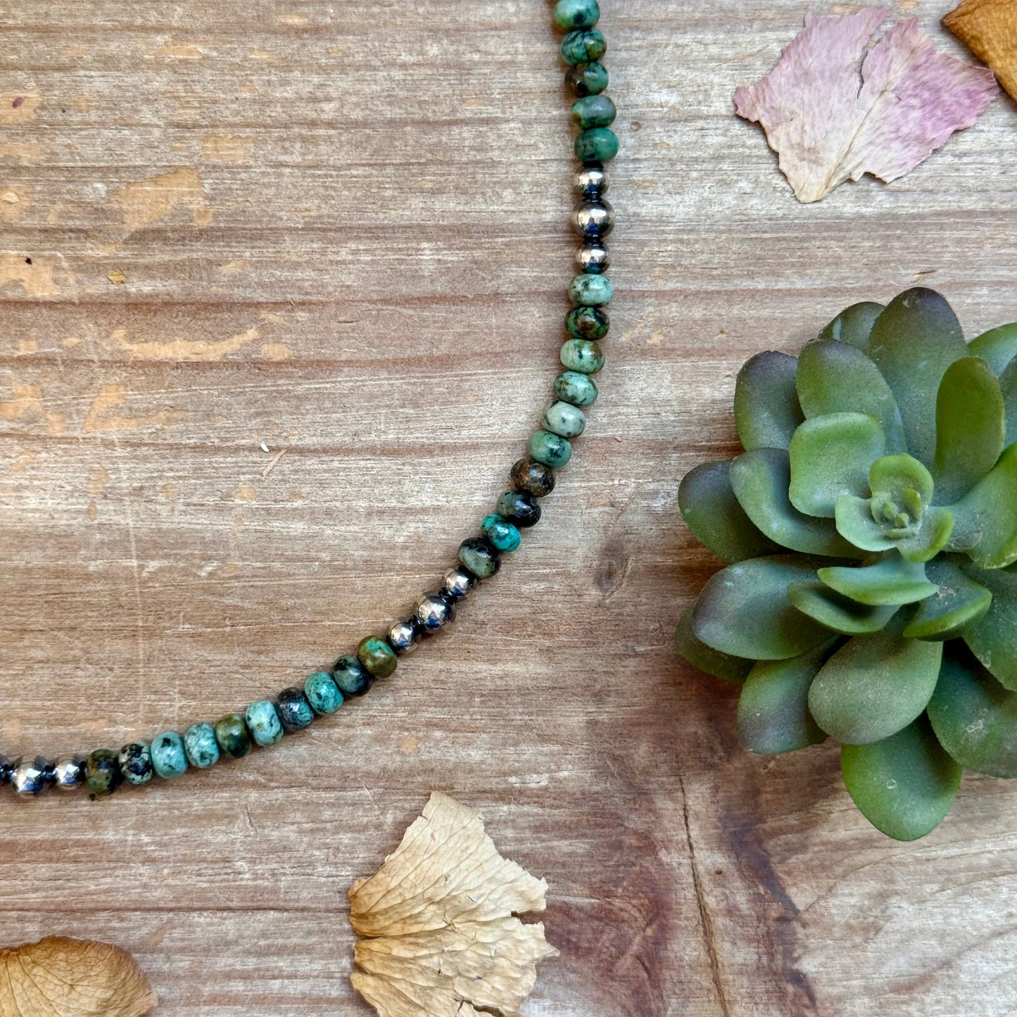African Turquoise & Sterling Pearl Necklace 19”