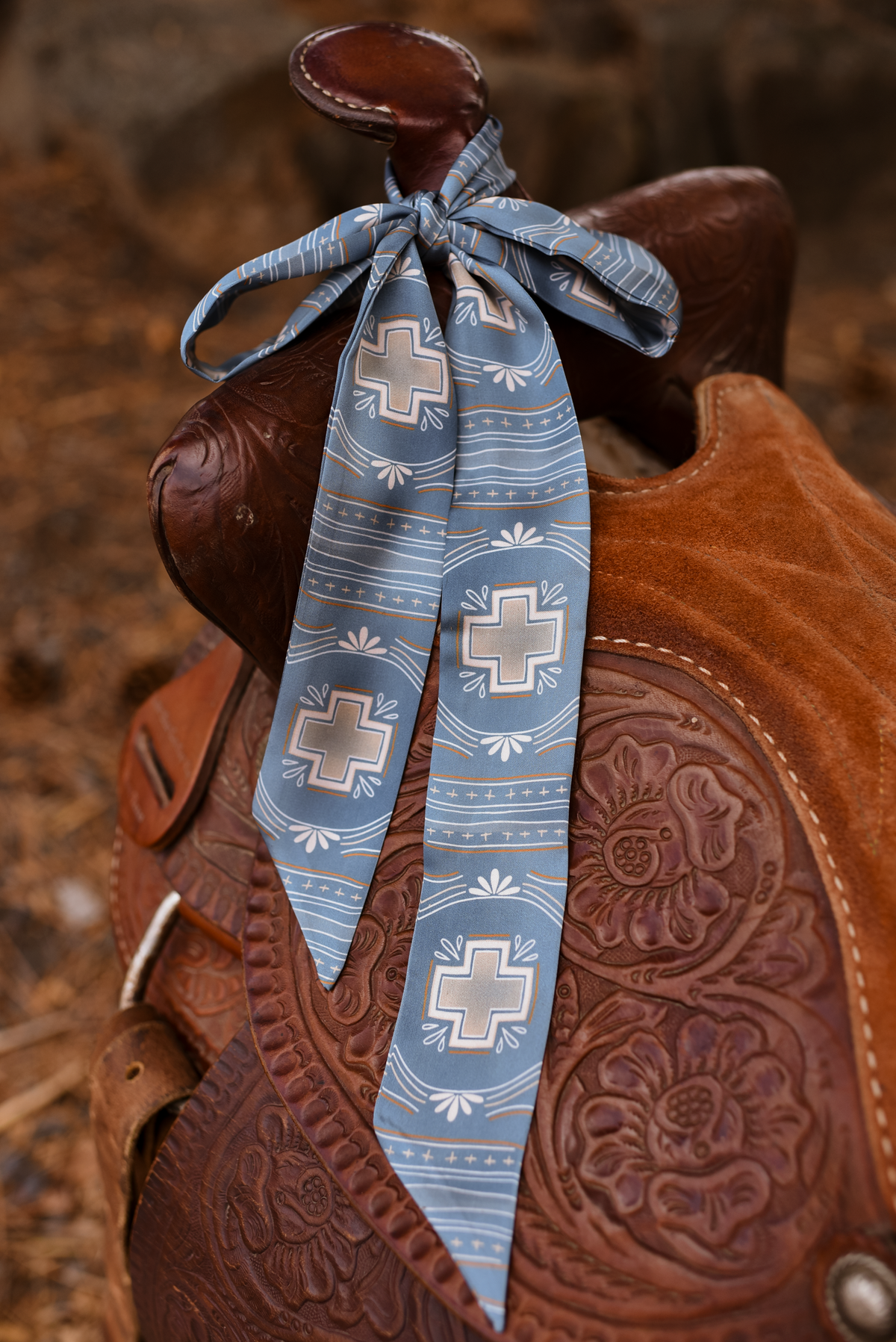 Blue Cross Geometric Twilly Scarf: Western Satin Chiffon Hair & Neck Scarf