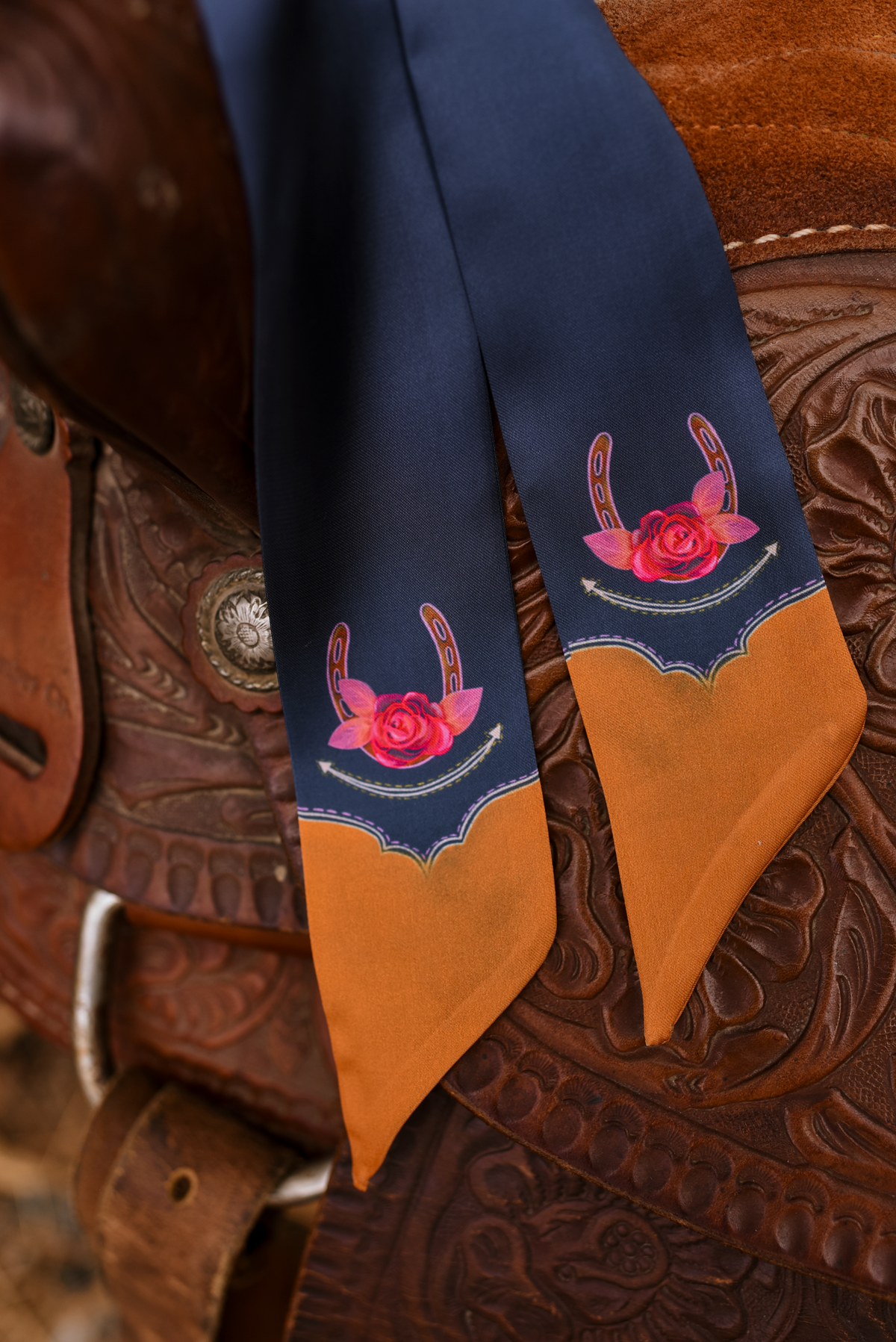 Rodeo Rose Twilly Scarf in Midnight Blue: Floral Western Satin Chiffon Scarf