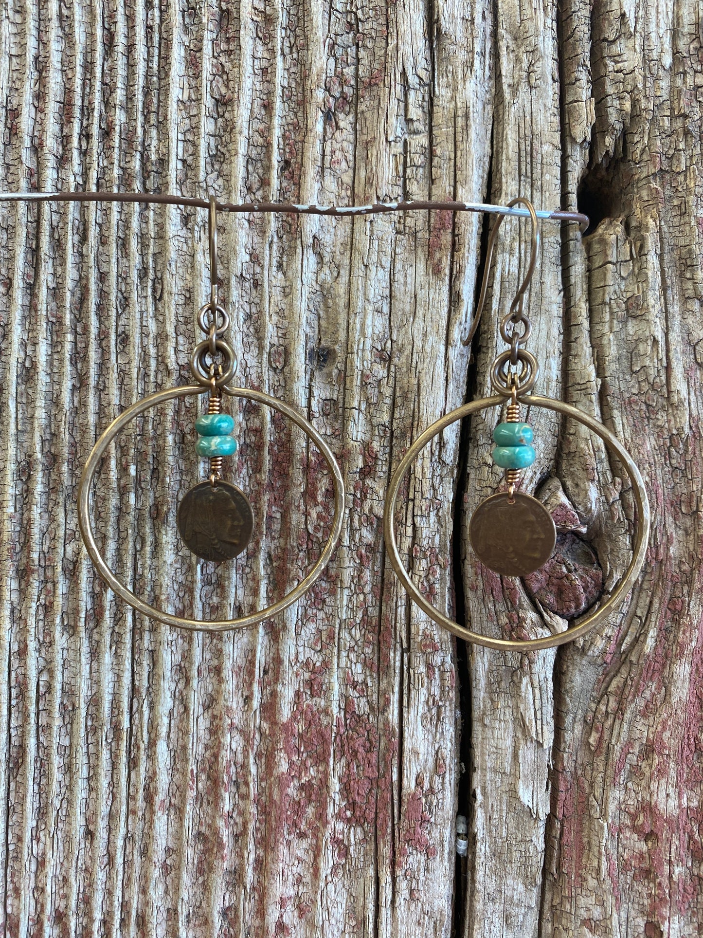 17126 Bronze Hoop w/Kingman Turquoise & Small Brz Indian Coin Charm Earring