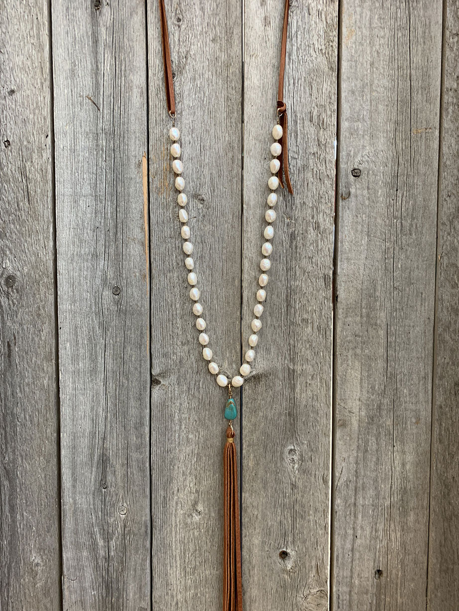 13822 Freshwater Pearl, Turquoise, & Leather Tassel