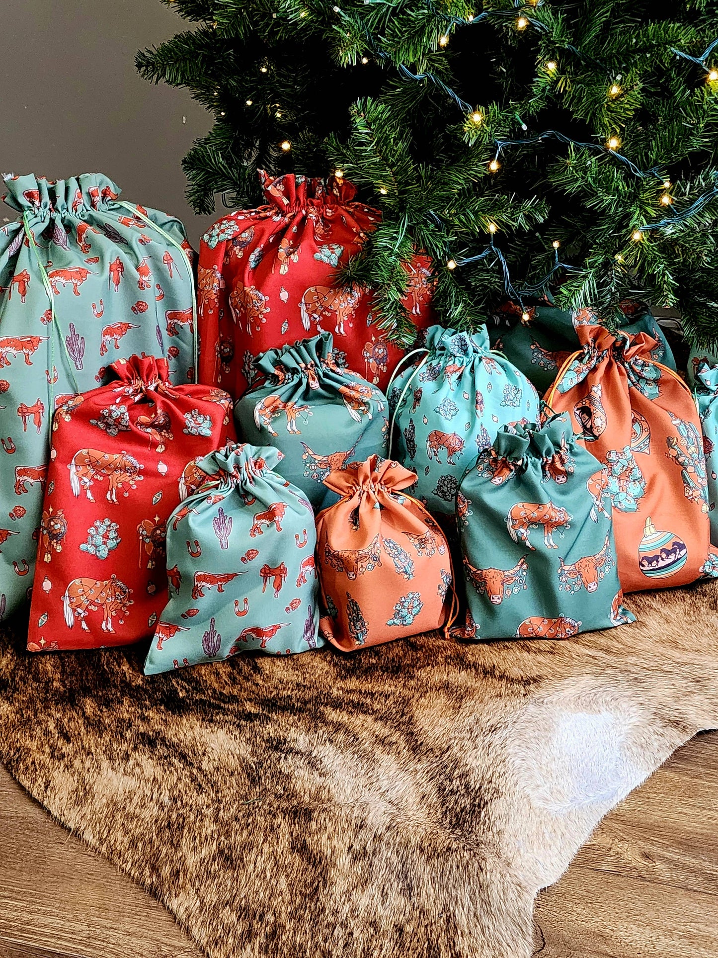 Western Christmas Reusable Gift Bags-Red Ponies Print