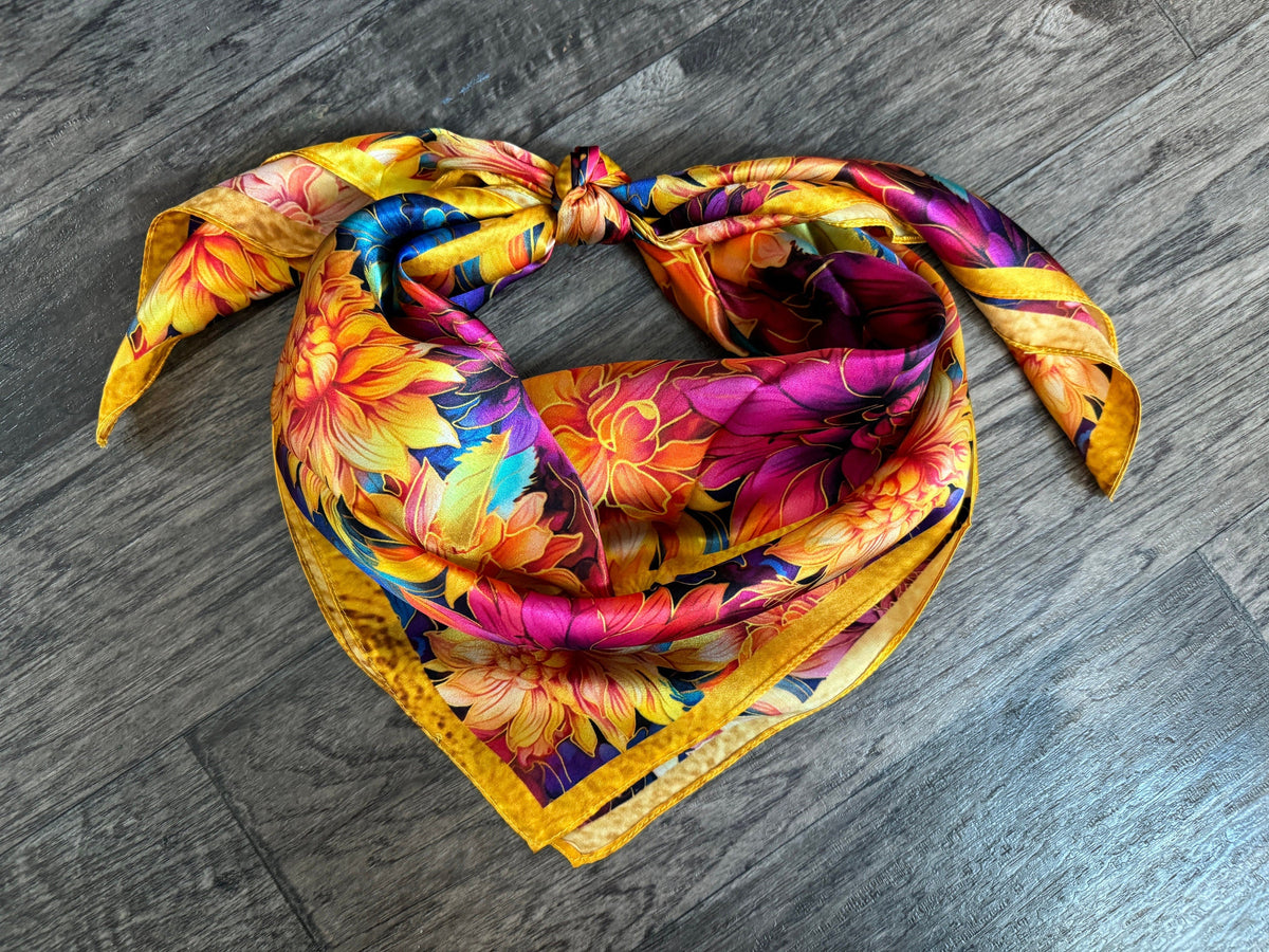 100% Silk Wild Rag “Golden Dahlias” pink purple blue orange yellow by Double B Wild Rags