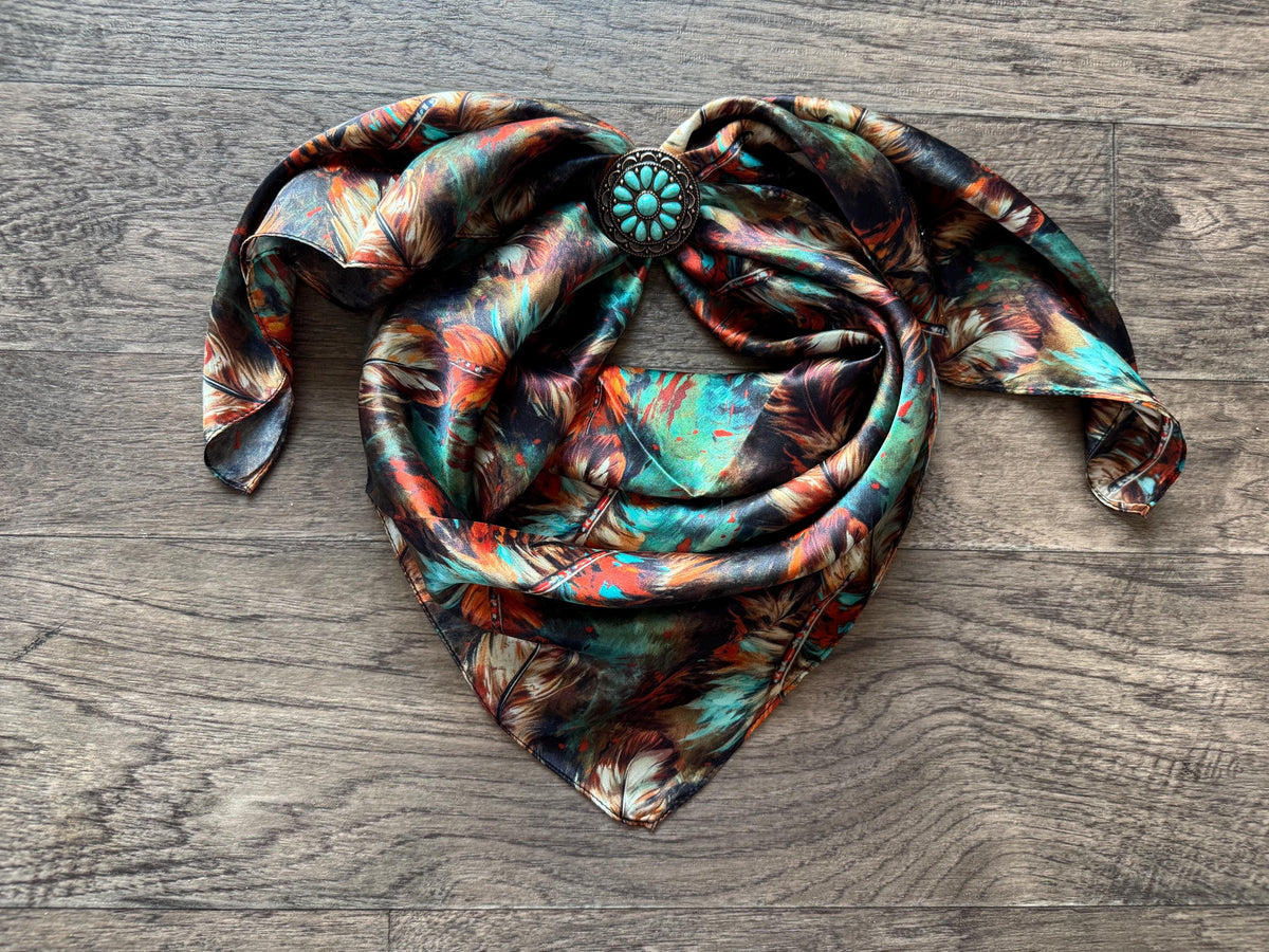 100% Silk Wild Rag Deep Rust Brown and Teal Feathers by Double B Wild Rags