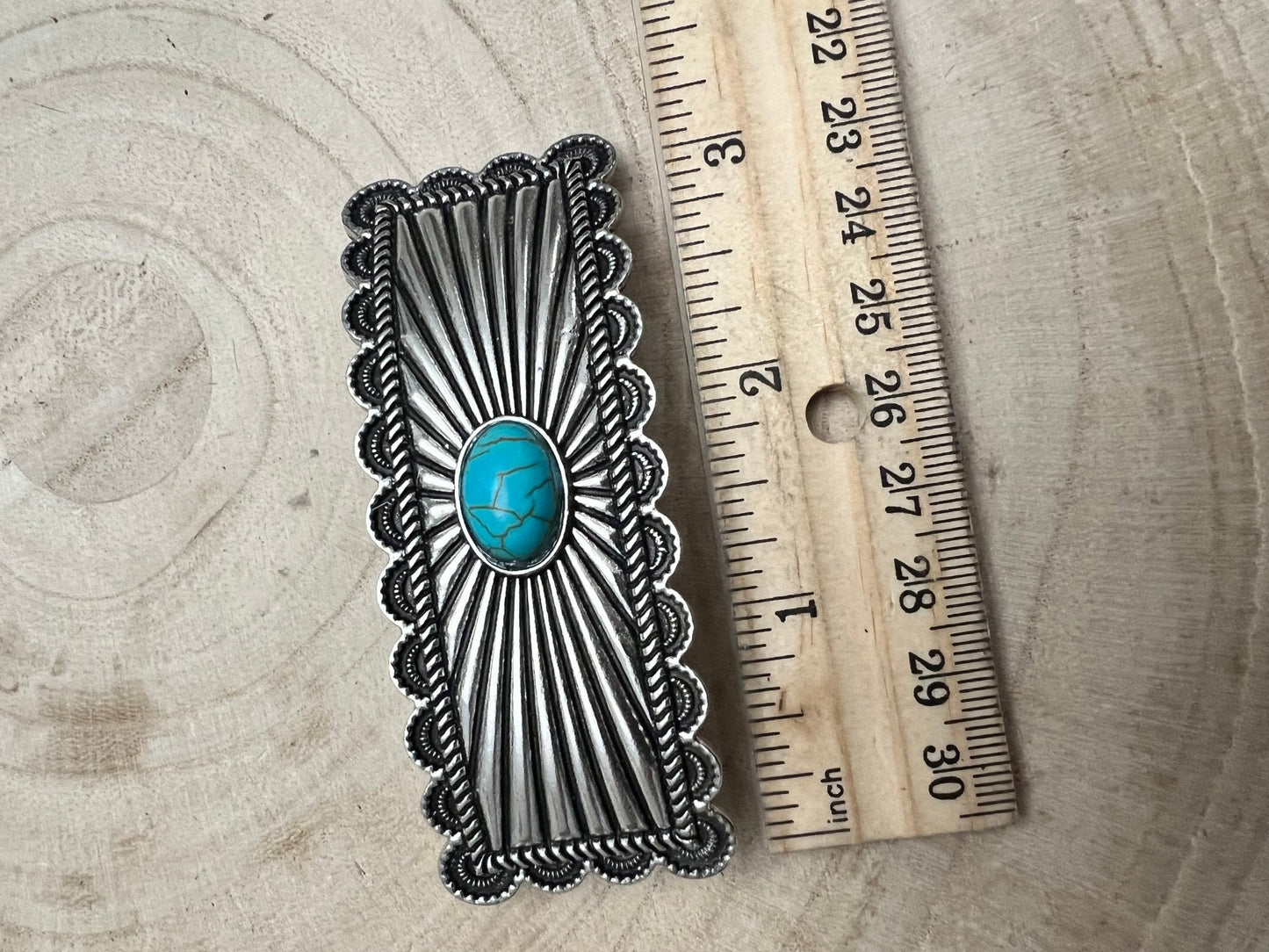 Western Faux Turquoise Etched Silver Metal Hair Barrette
