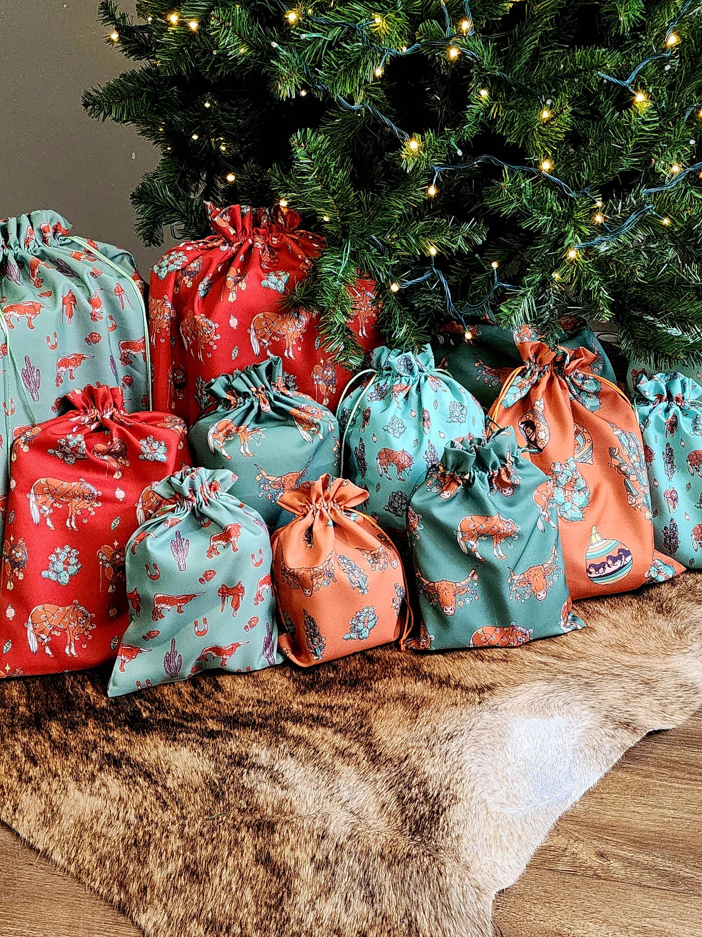 Western Christmas Reusable Gift Bags-Burnt Orange Ornaments
