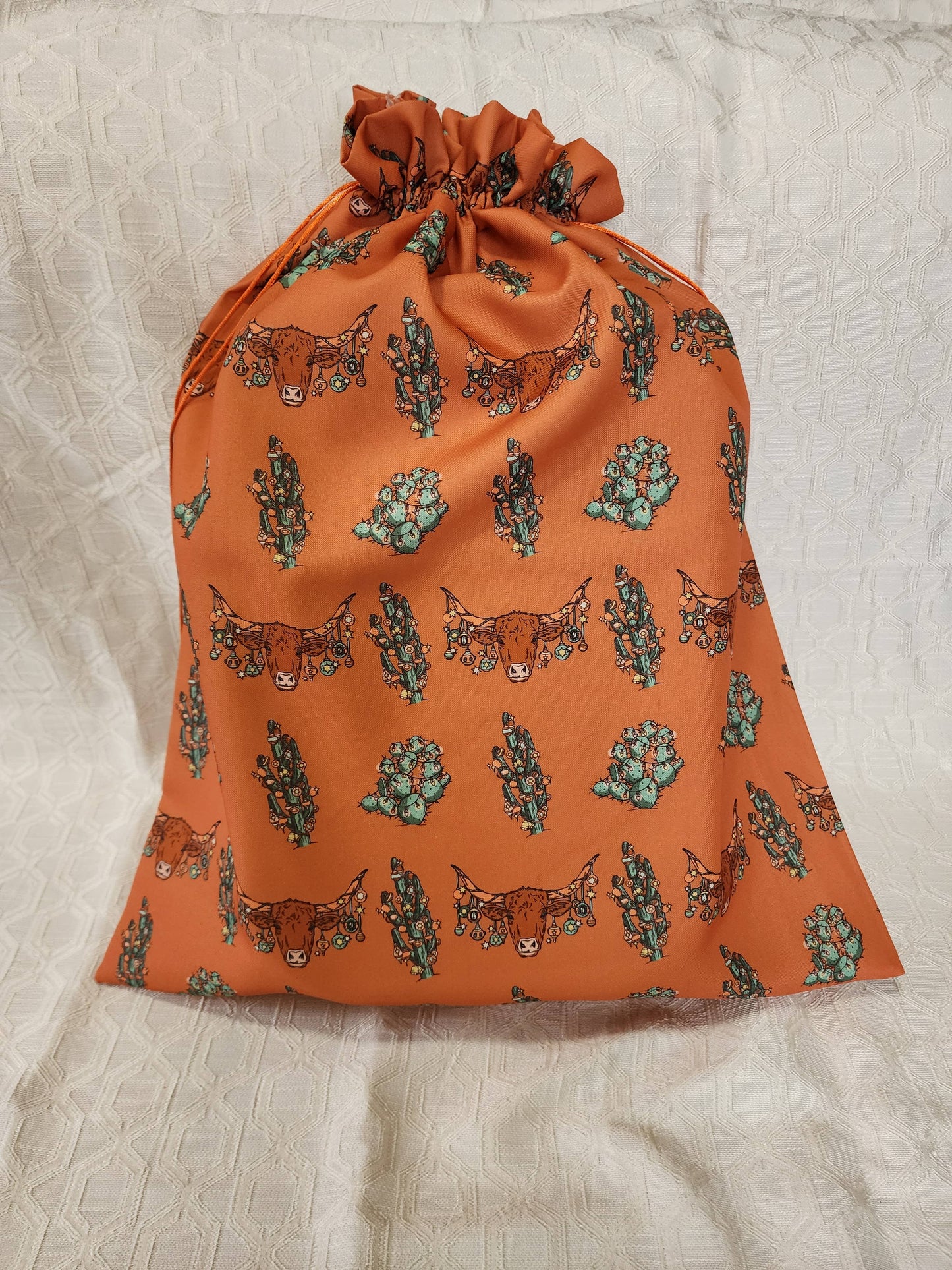 Western Christmas Reusable Gift Bags-Orange Longhorns Print