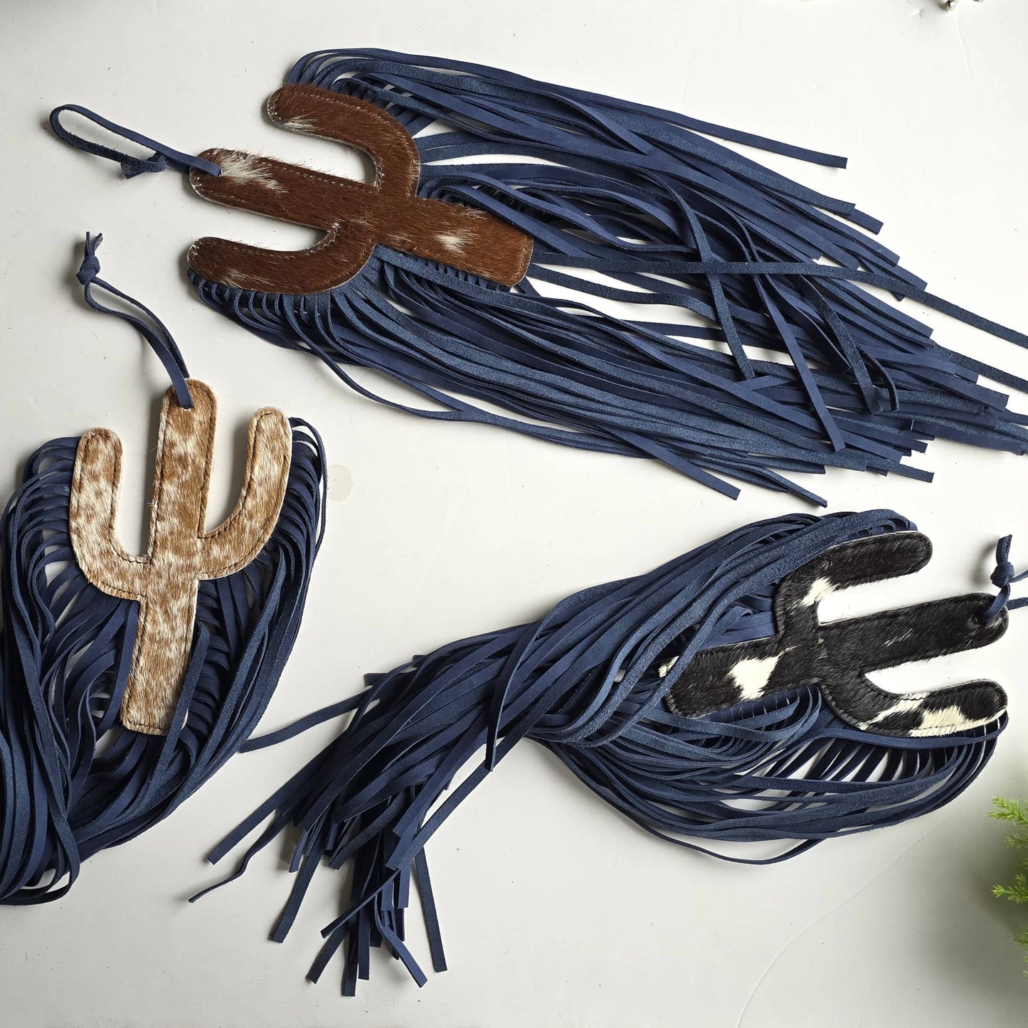 Cowhide Bag Charm - Large Cactus - Leather Fringes, Tassels