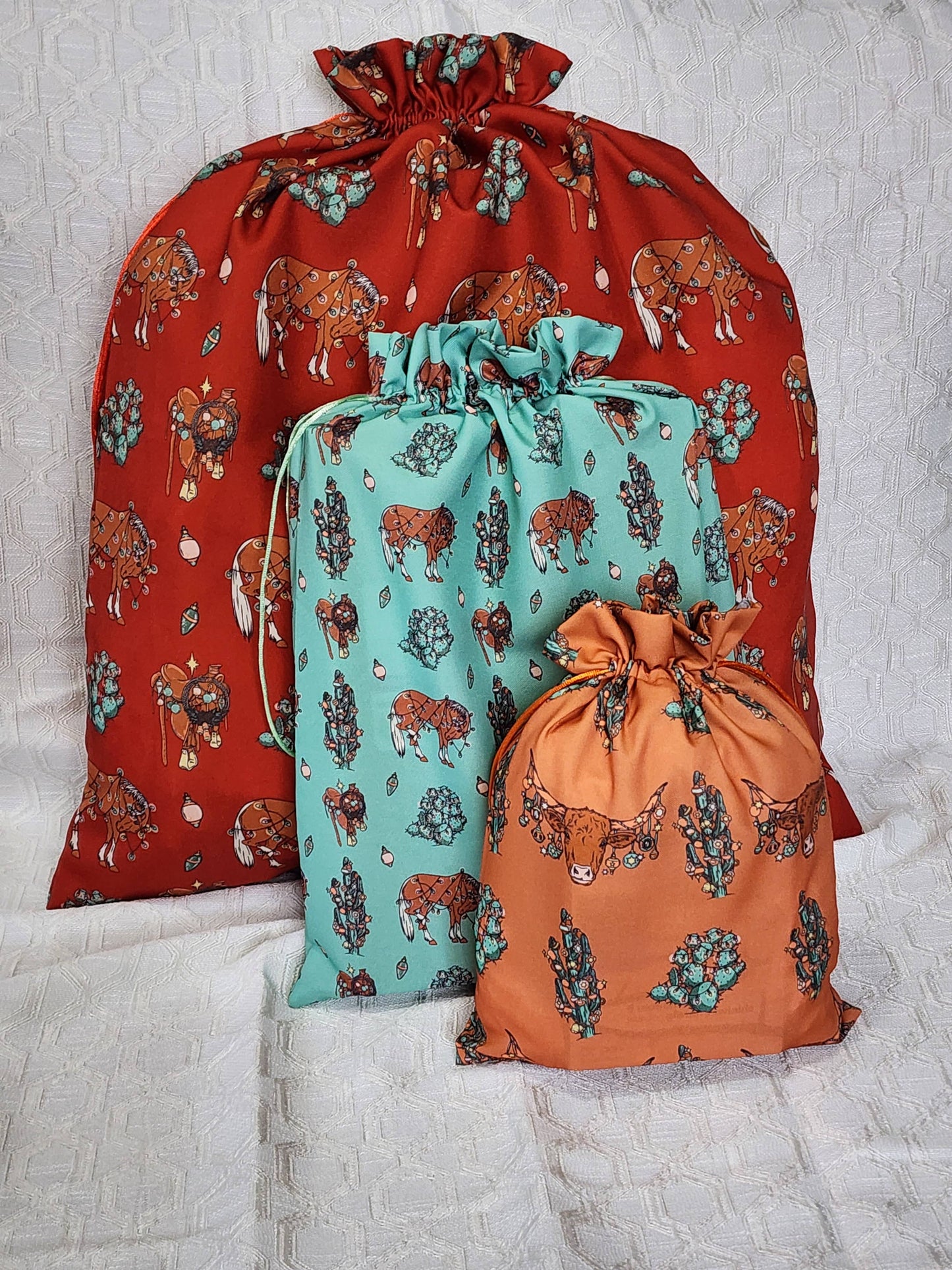 Western Christmas Reusable Gift Bags-Orange Longhorns Print