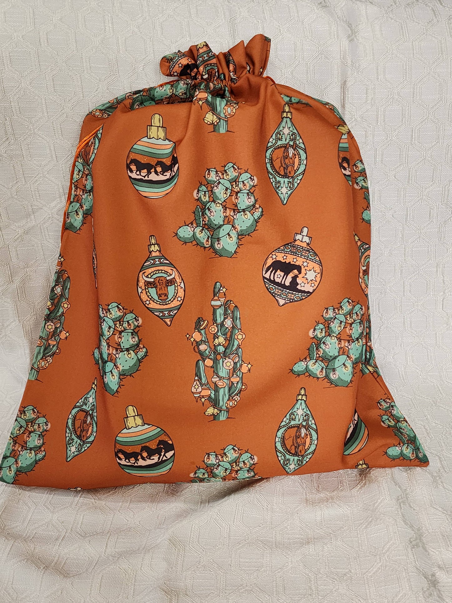 Western Christmas Reusable Gift Bags-Burnt Orange Ornaments