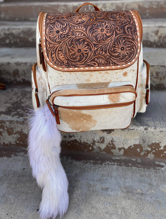 Rustic Tooled & Cowhide Backpack 