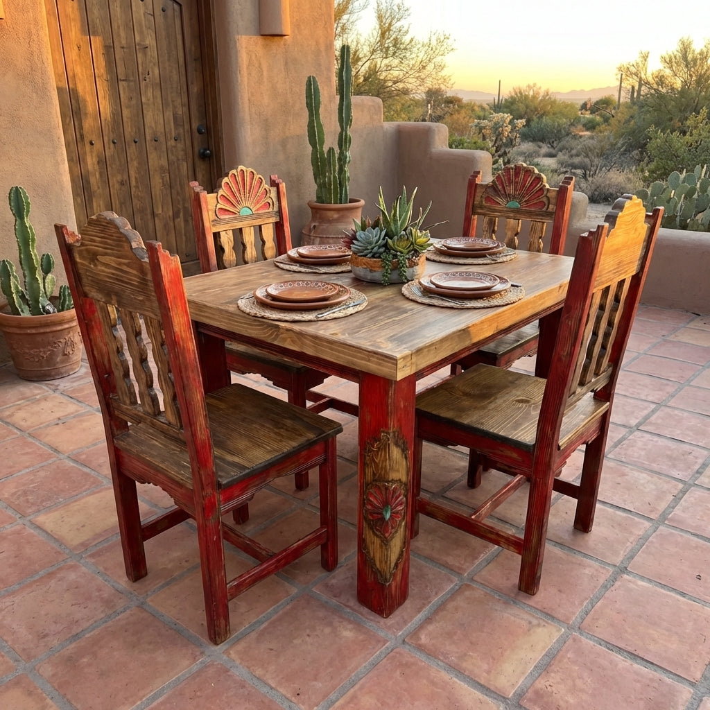 Rosetta 4' Dining Table and 4 Rosetta Chairs in Red