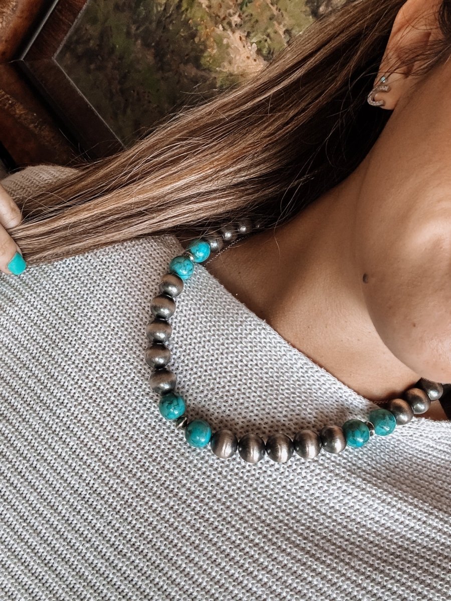 14mm 18" Sterling Silver Pearl with Turquoise Necklace