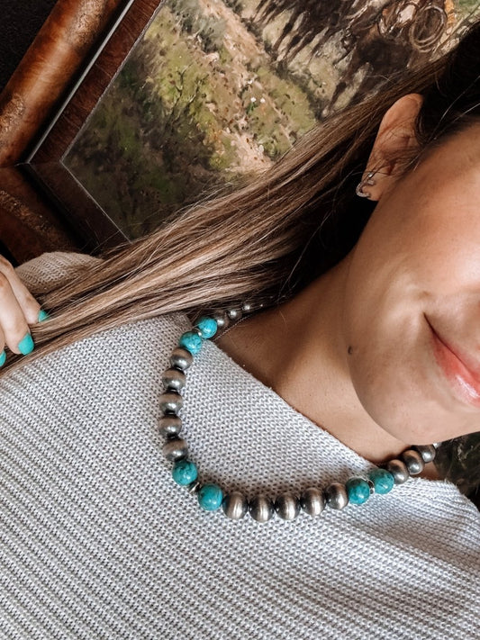 14mm 18" Sterling Silver Pearl with Turquoise Necklace