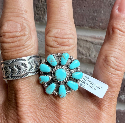 Navajo Made By Jason Benally Sleeping Beauty Flower Cluster Ring