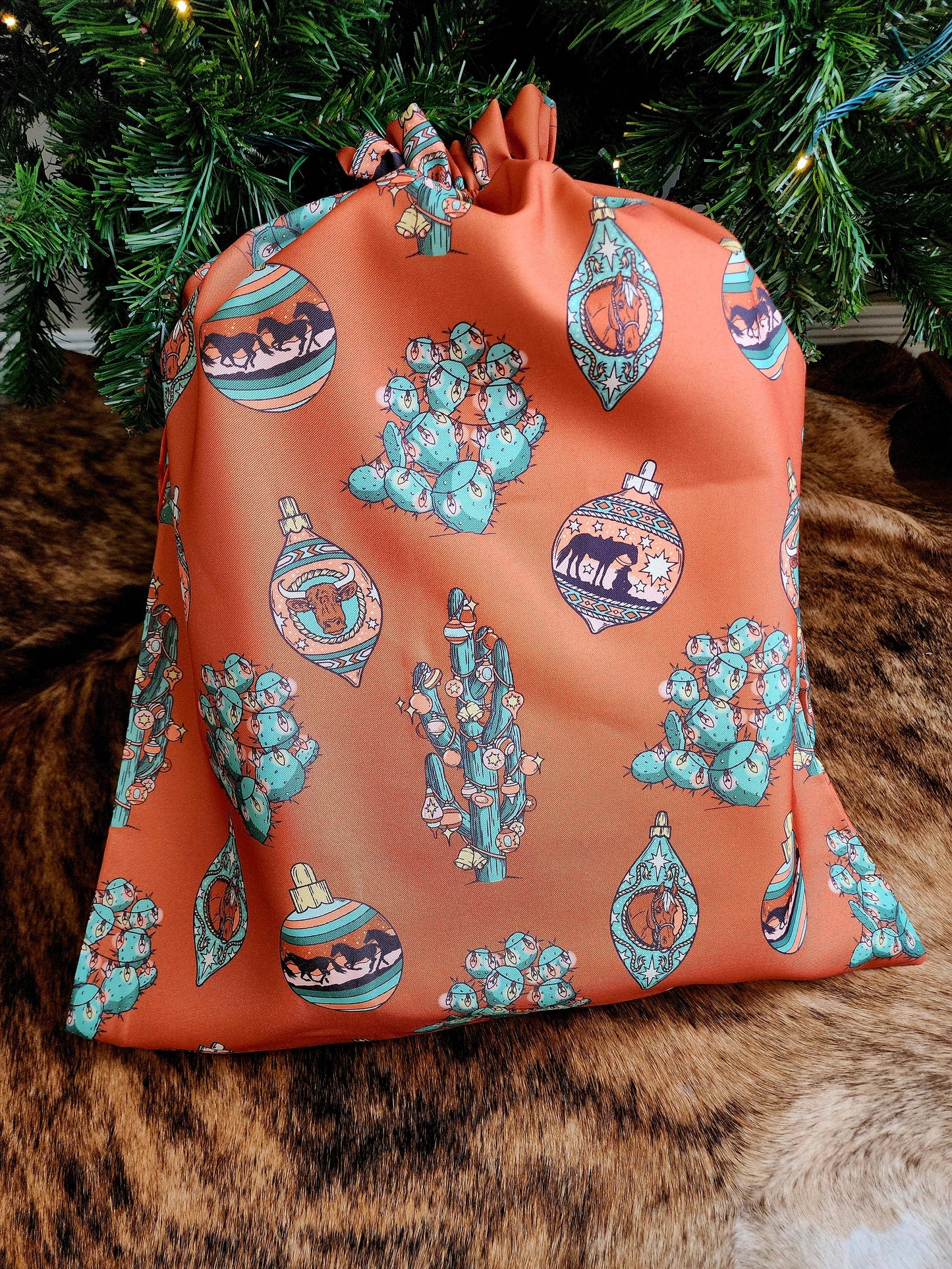 Western Christmas Reusable Gift Bags-Burnt Orange Ornaments