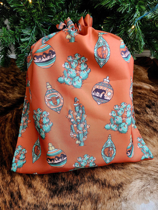 Western Christmas Reusable Gift Bags-Burnt Orange Ornaments