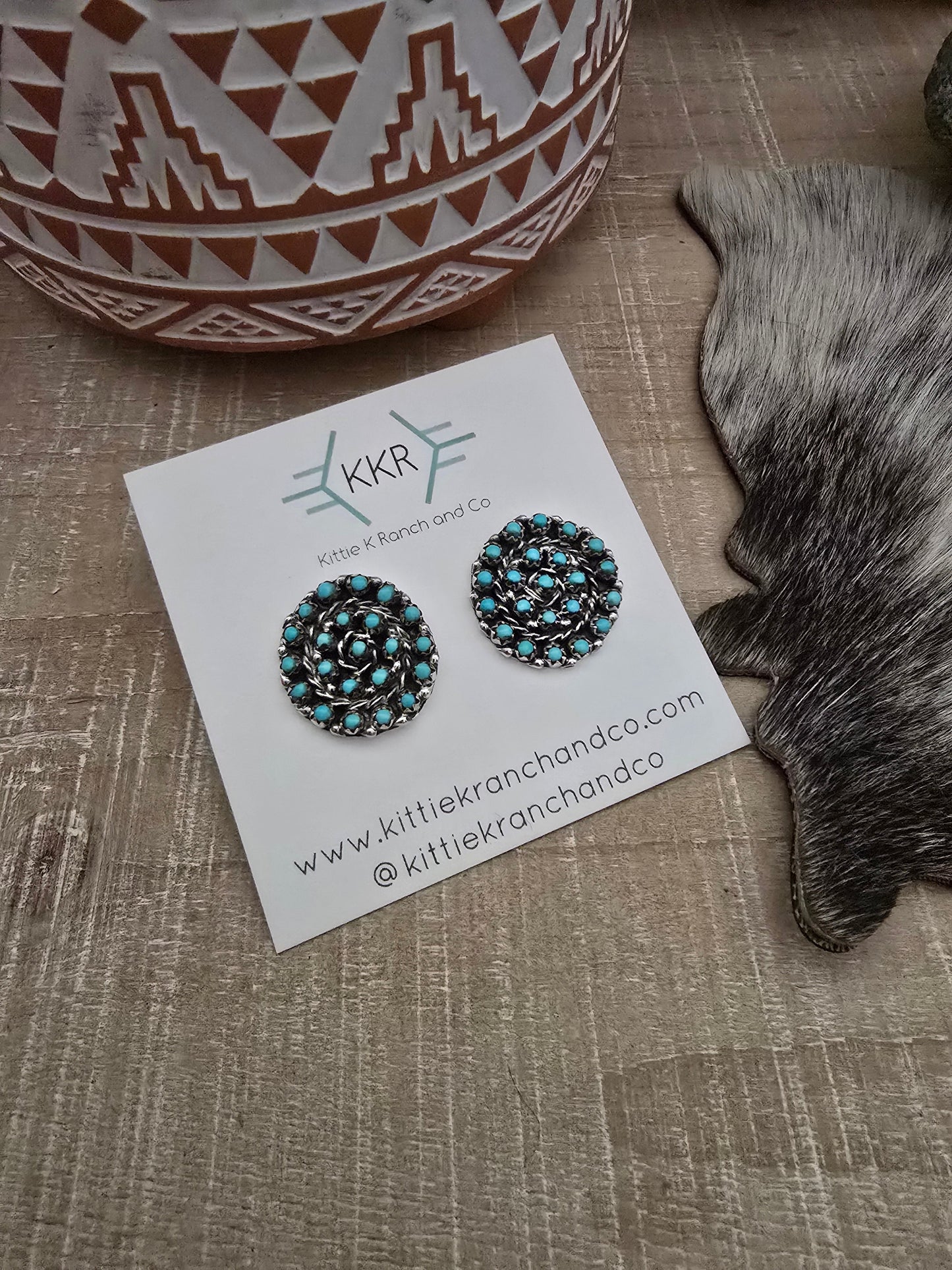 RANDY HOOEE ZUNI TURQUOISE CLUSTER STUDS