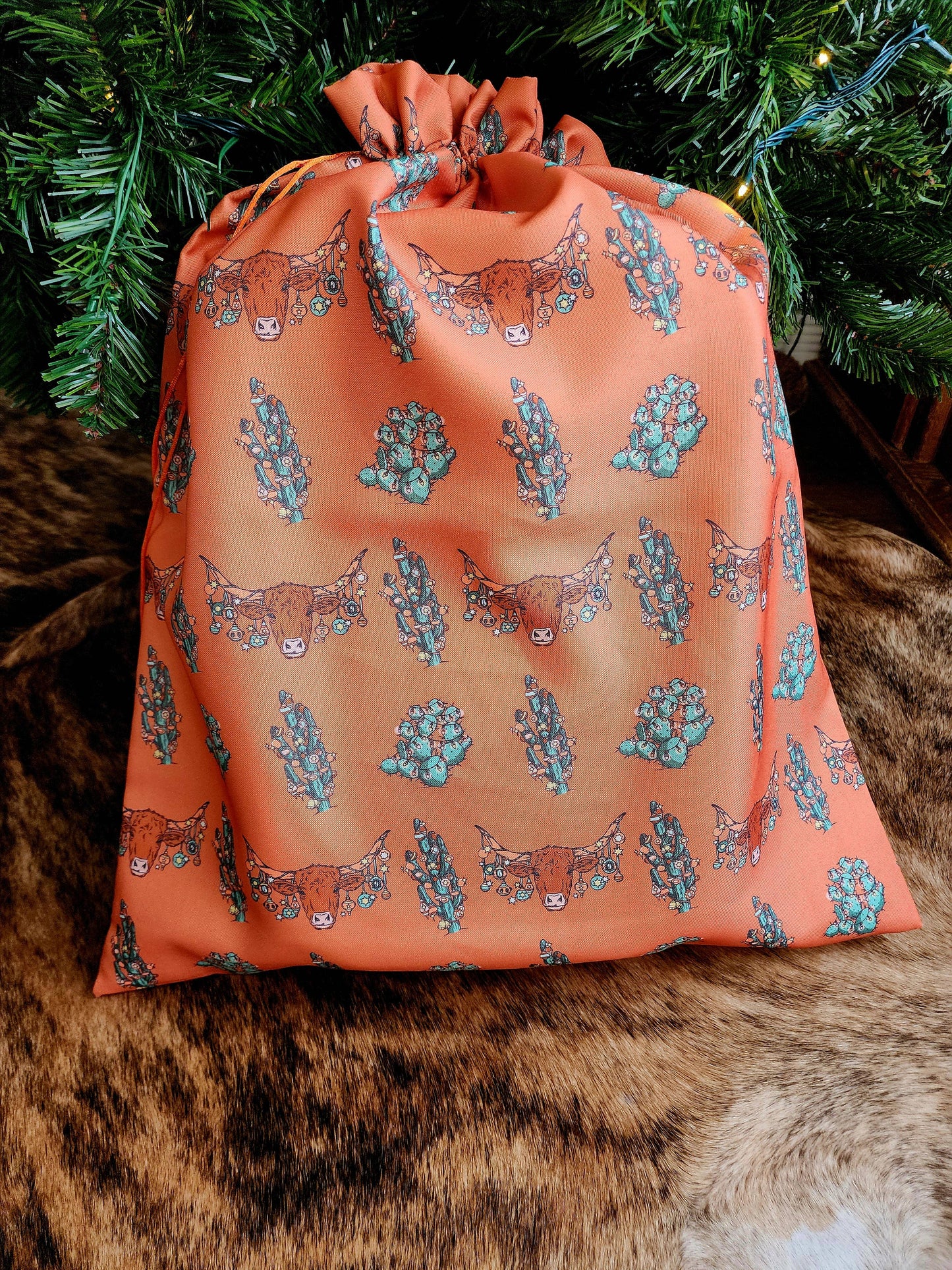 Western Christmas Reusable Gift Bags-Orange Longhorns Print