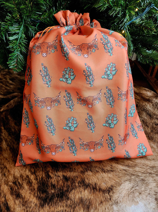 Western Christmas Reusable Gift Bags-Orange Longhorns Print