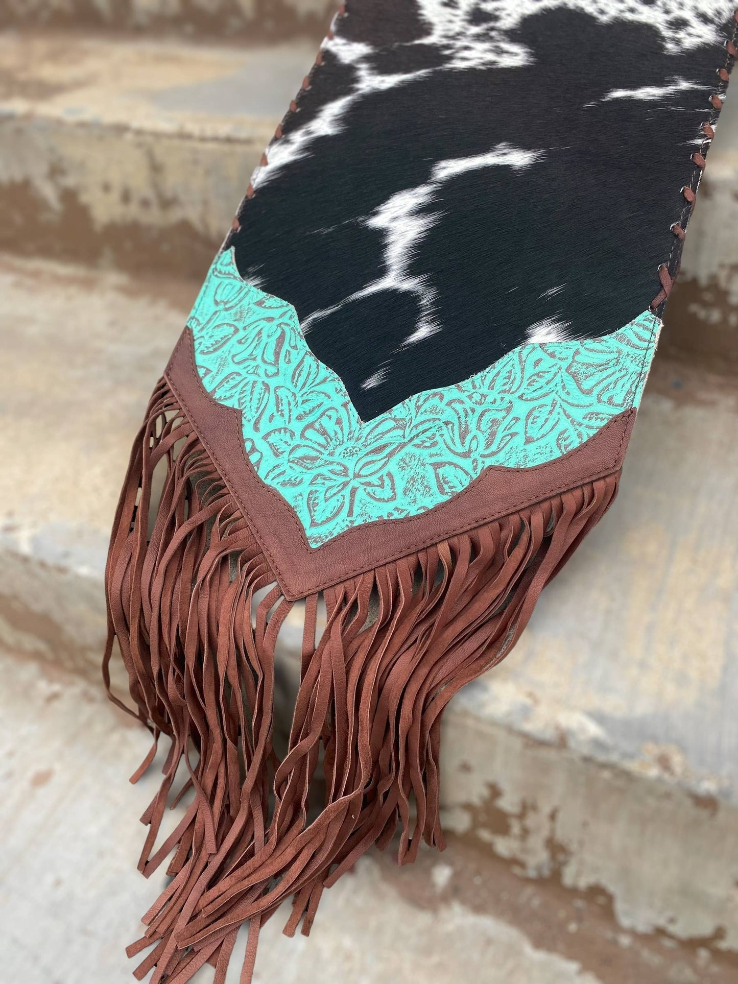 6ft Turquoise Cowhide Fringe Table Runner