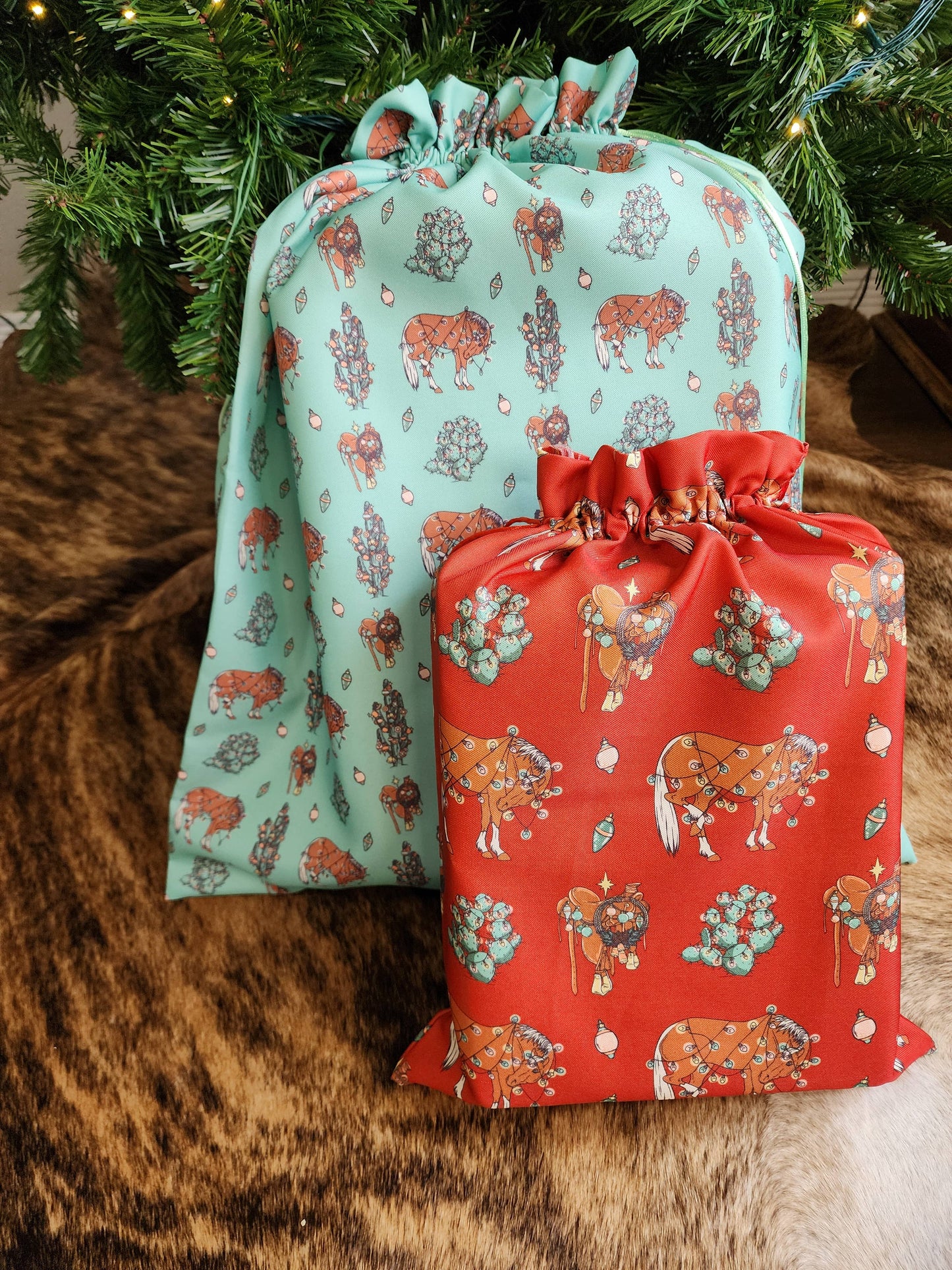 Western Christmas Reusable Gift Bags- Turquoise Ponies Print