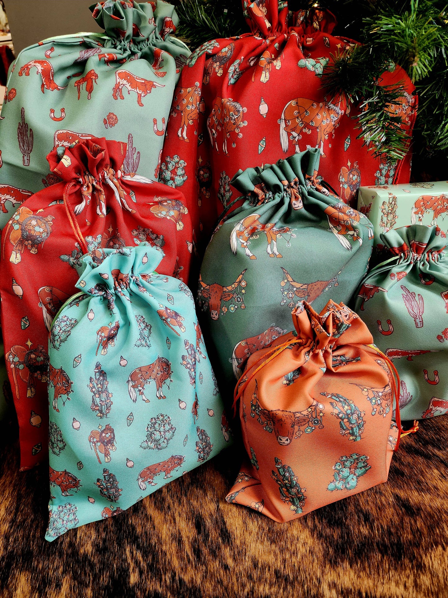 Western Christmas Reusable Gift Bags-Orange Longhorns Print