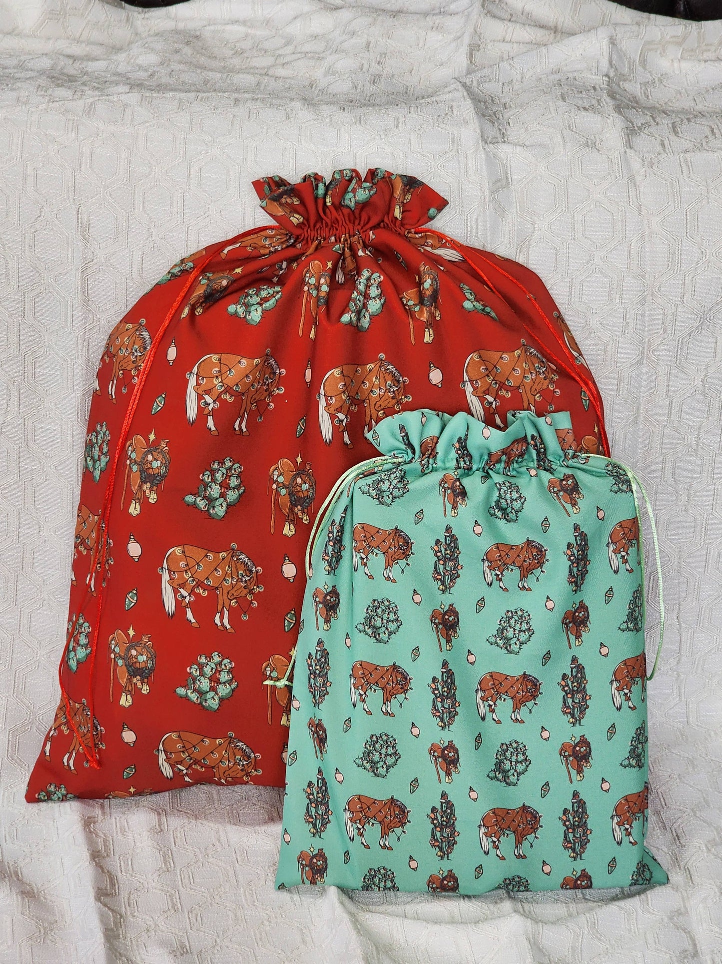 Western Christmas Reusable Gift Bags- Turquoise Ponies Print