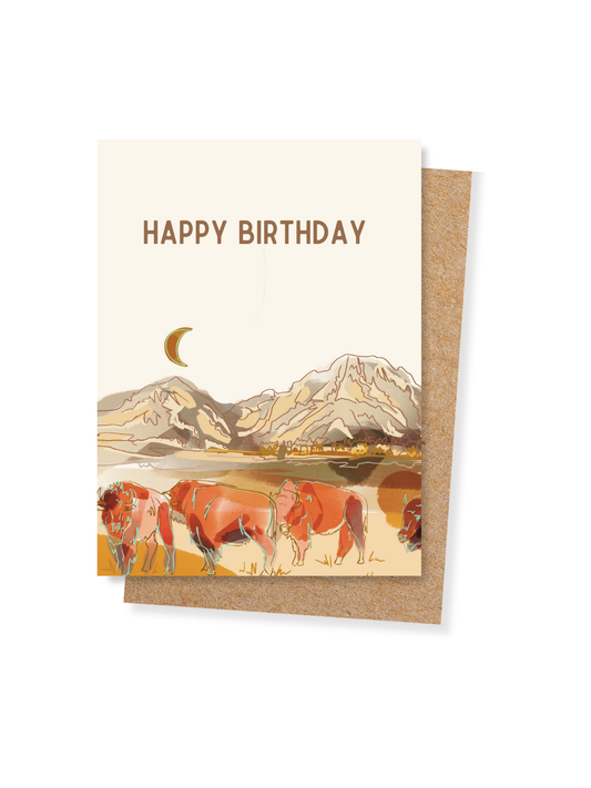Moon Rise Bison Prairie Happy Birthday Card