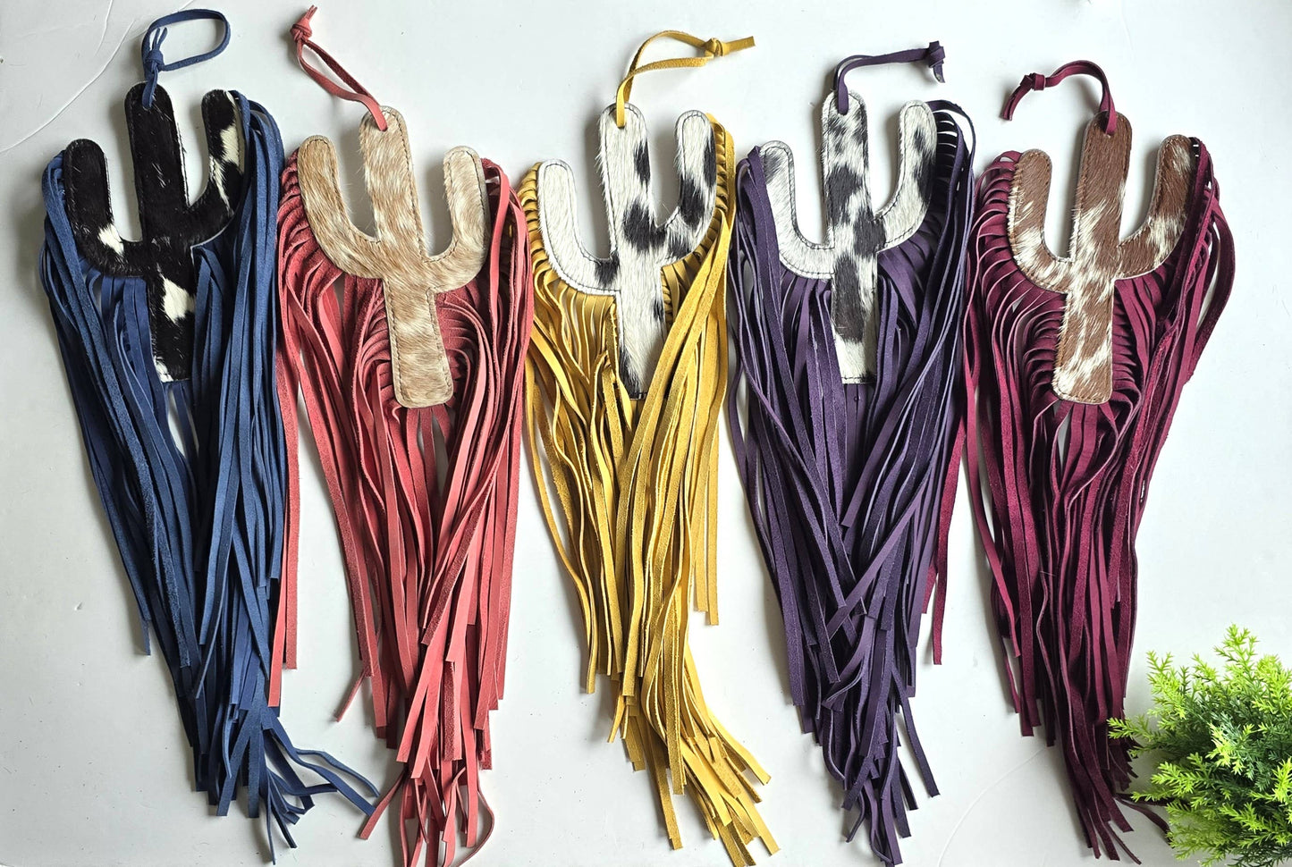 Cowhide Bag Charm - Large Cactus - Leather Fringes, Tassels