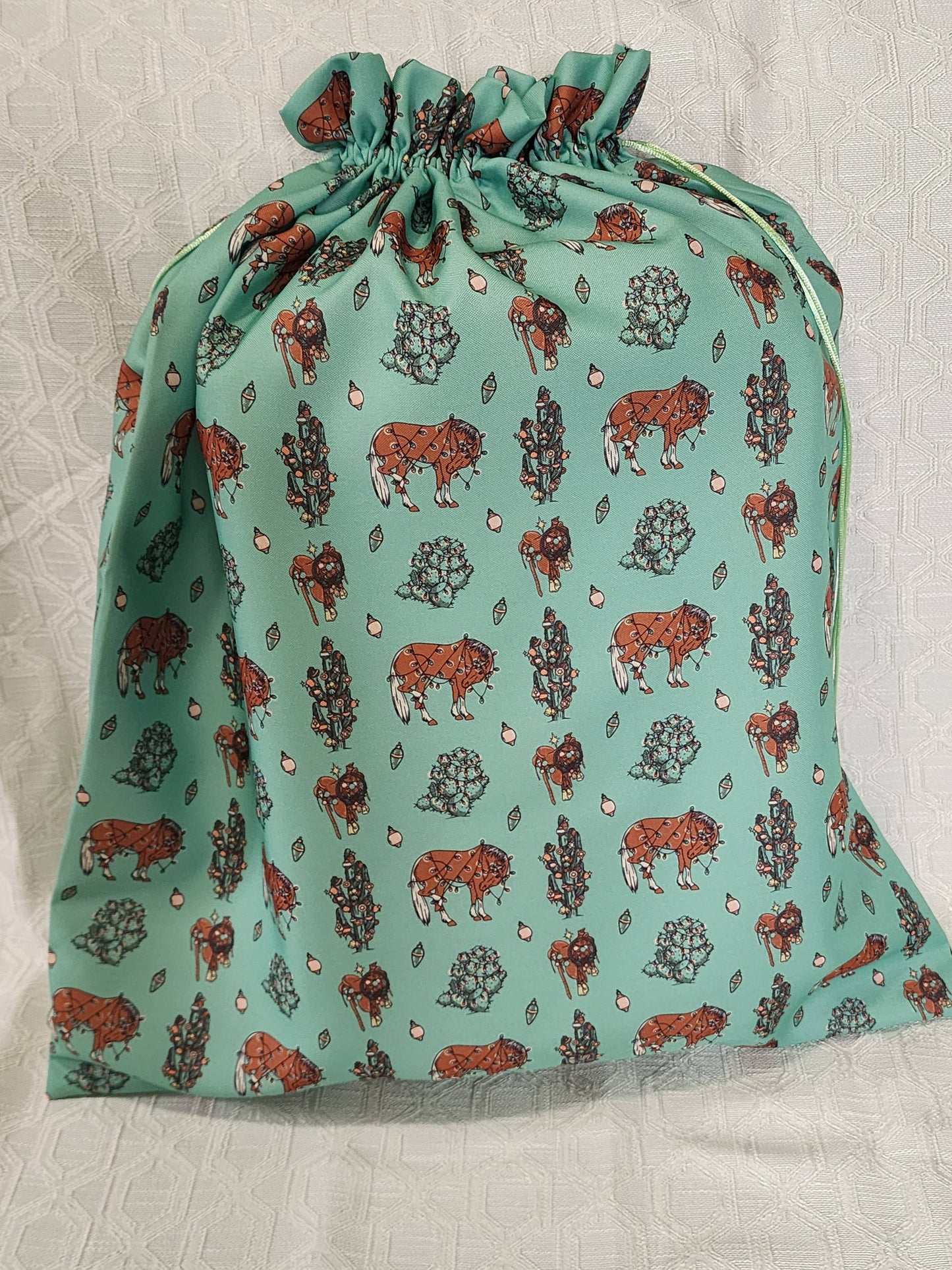 Western Christmas Reusable Gift Bags- Turquoise Ponies Print