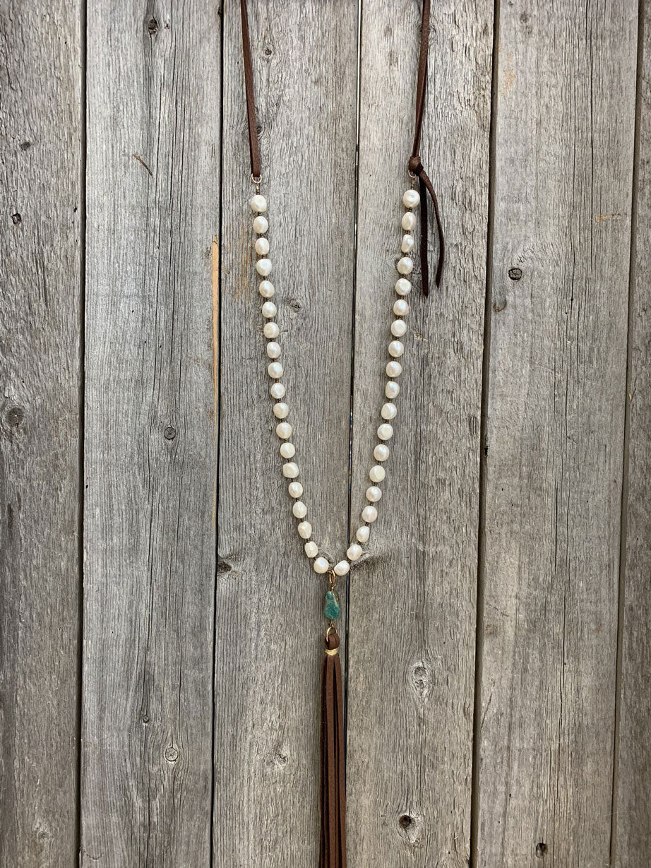 13822 Freshwater Pearl, Turquoise, & Leather Tassel