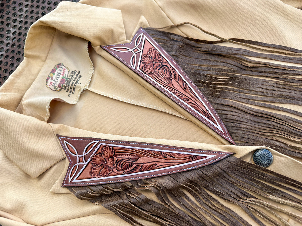 Boot stitch hand tooled lapel blazer with fringe in tan