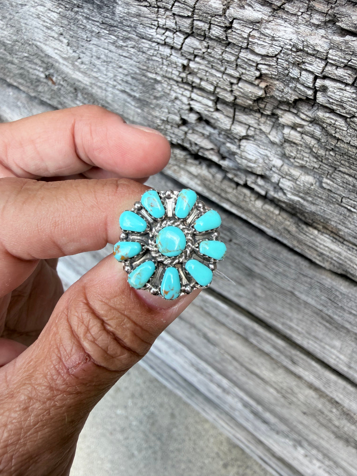 Navajo Made By Jason Benally Sleeping Beauty Flower Cluster Ring