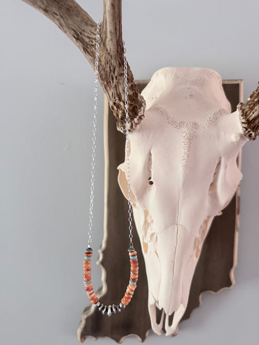 Orange Spiny, Turquoise and Sterling Pearl Chain Necklace