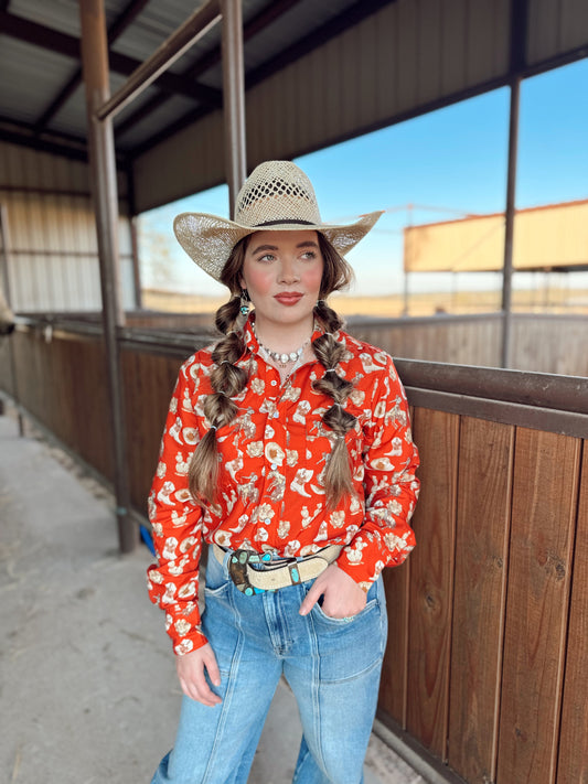 The Red Cactus Pearl Snap Top
