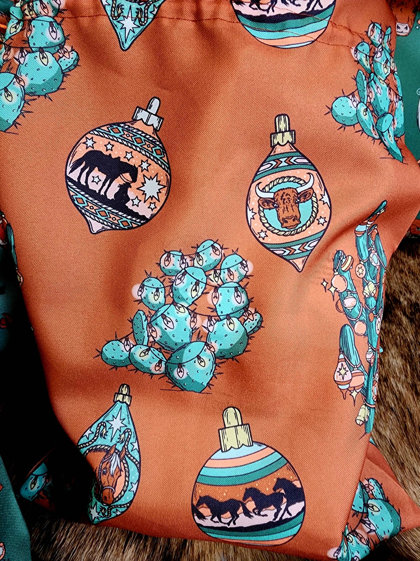 Western Christmas Reusable Gift Bags-Burnt Orange Ornaments