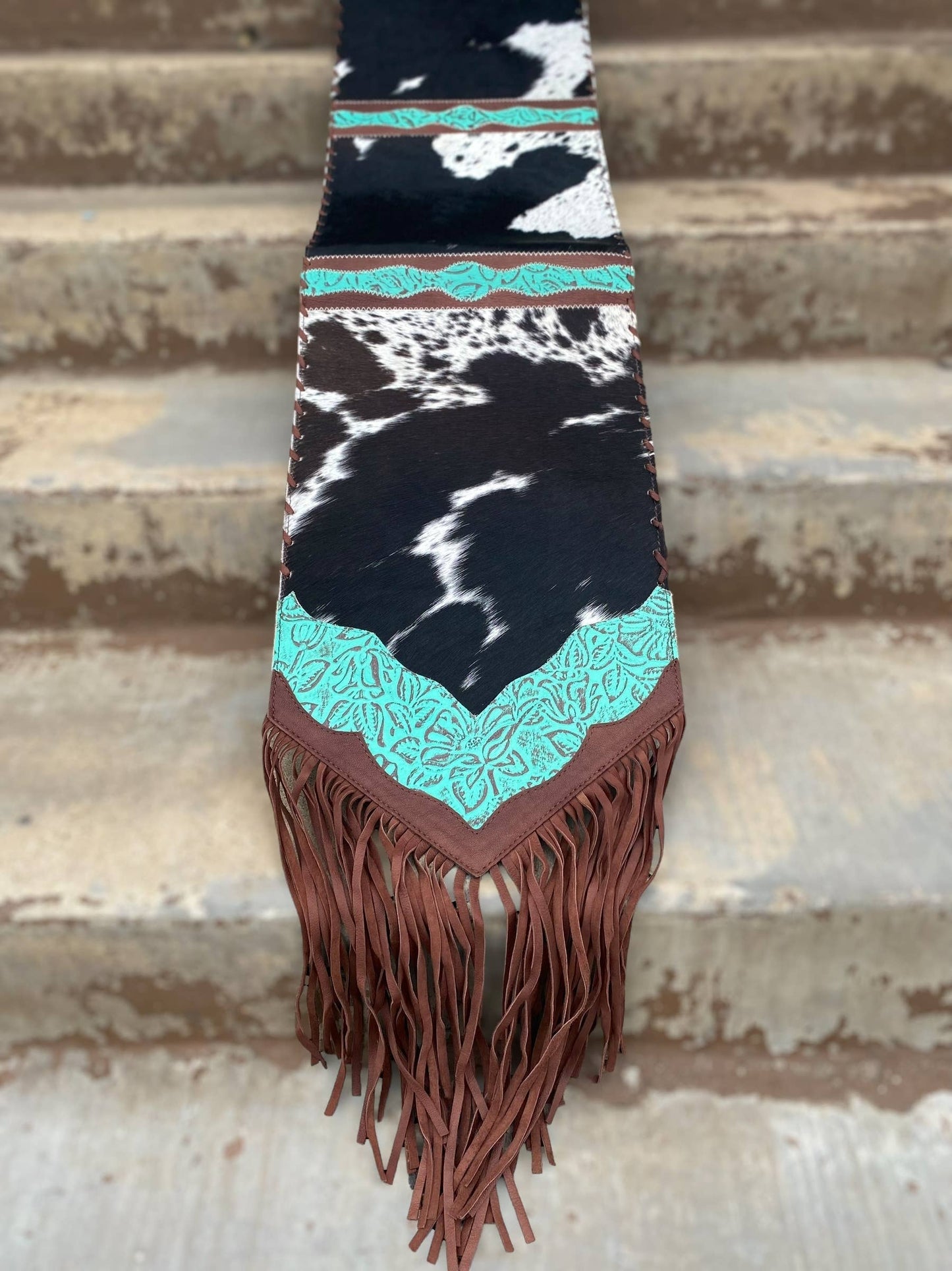 6ft Turquoise Cowhide Fringe Table Runner