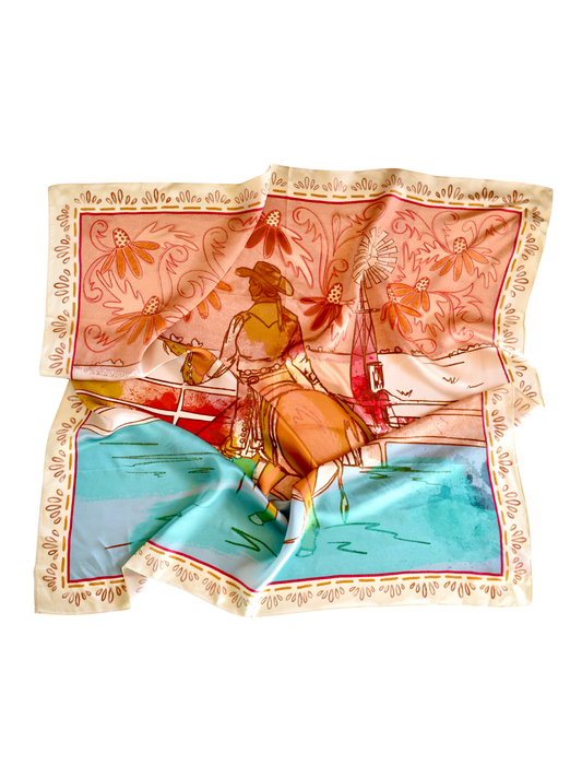 Corral and Floral Horse Western  Rider Cowgirl Scarf: Large 100% Mulberry Silk 35x35 Wild Rag