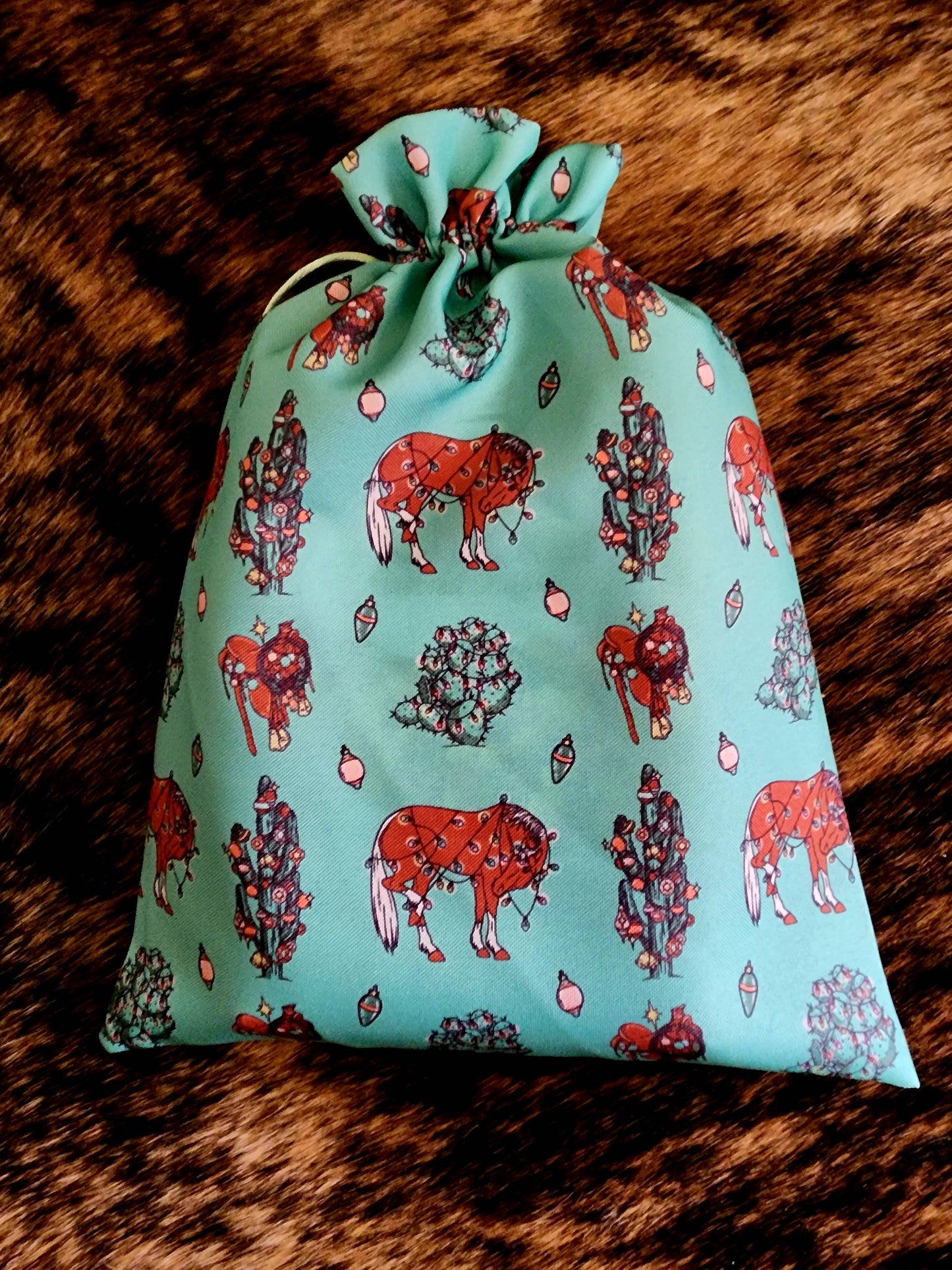 Western Christmas Reusable Gift Bags- Turquoise Ponies Print
