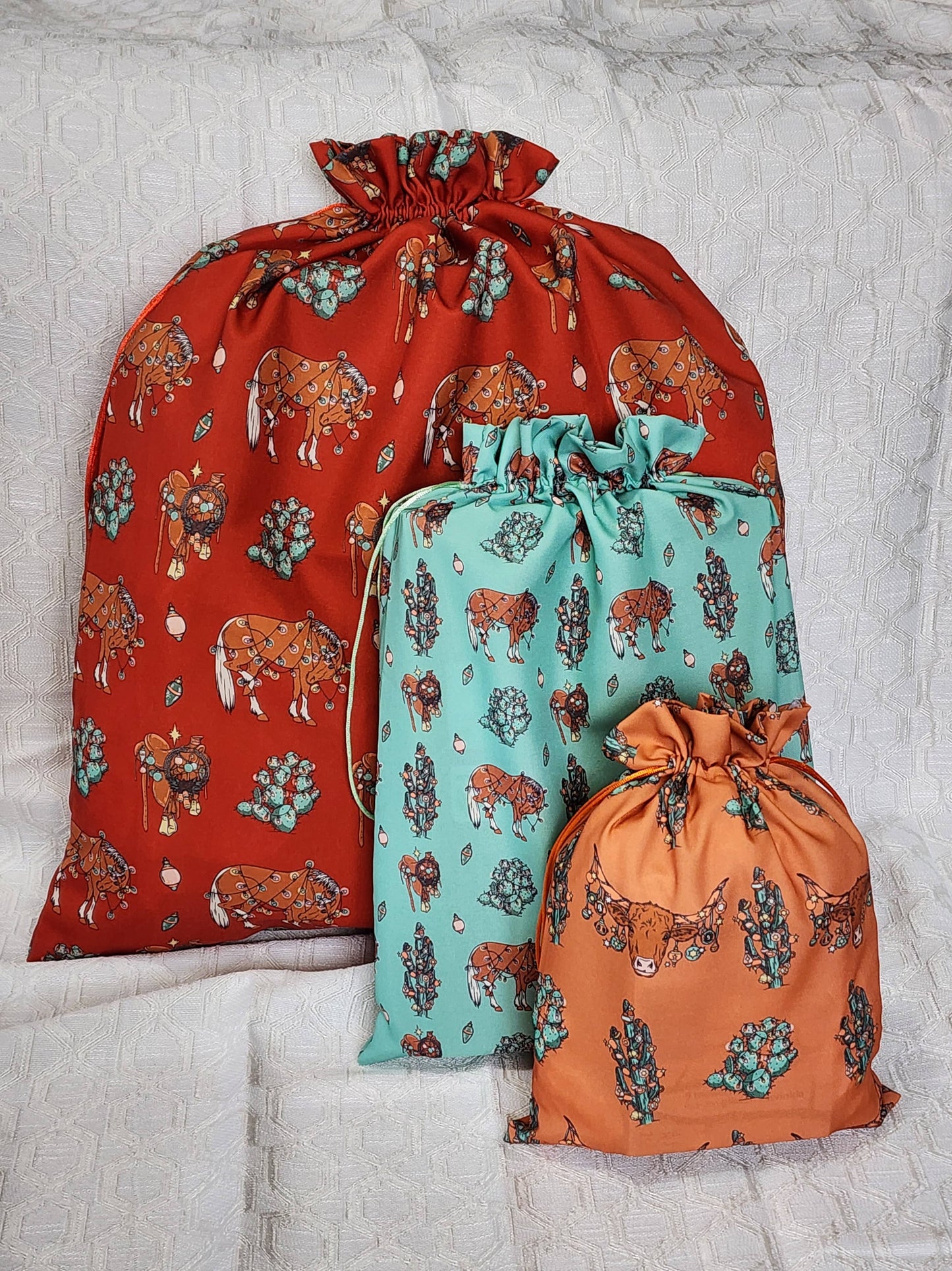 Western Christmas Reusable Gift Bags-Red Ponies Print