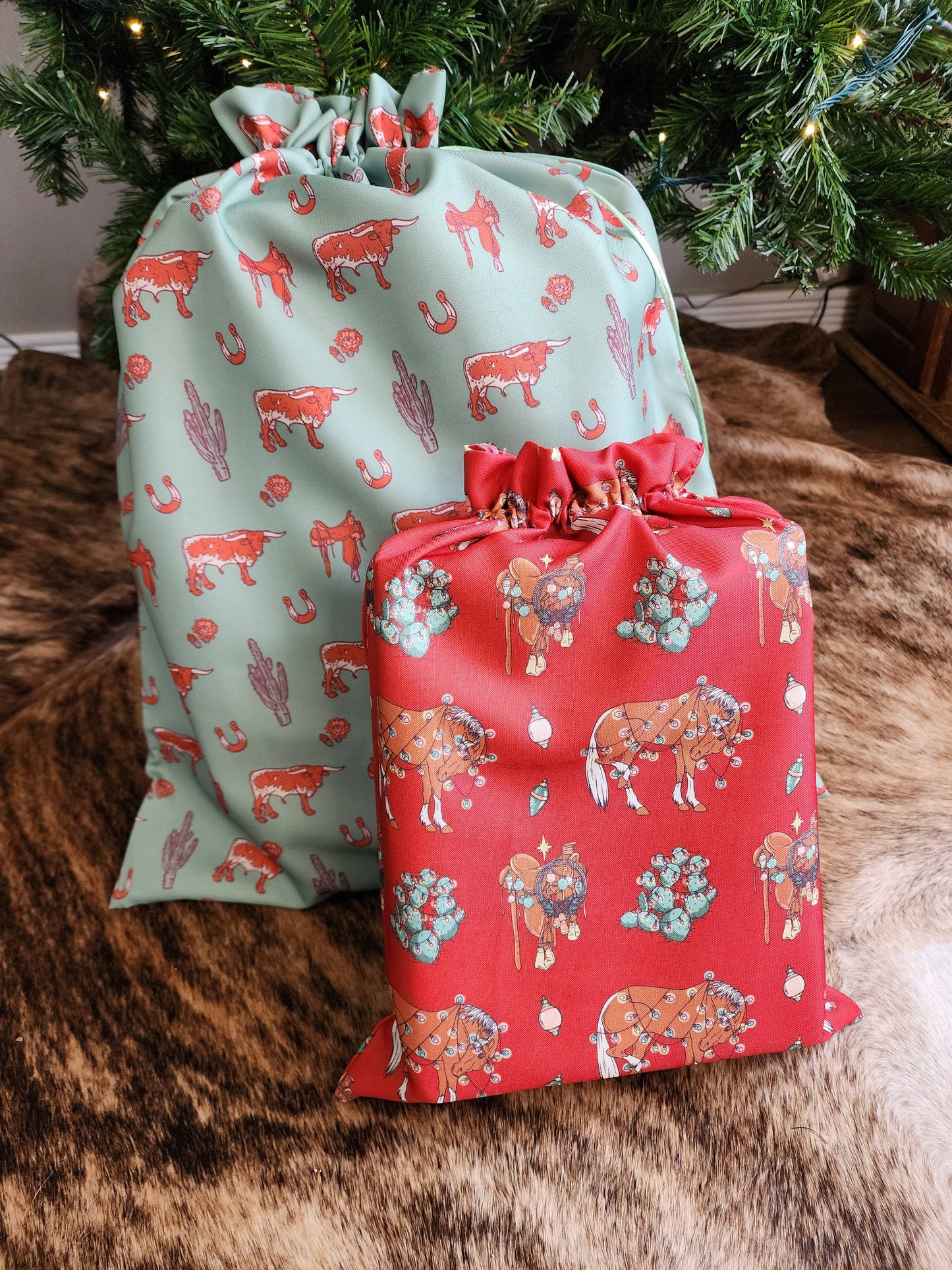 Western Christmas Reusable Gift Bags-Red Ponies Print