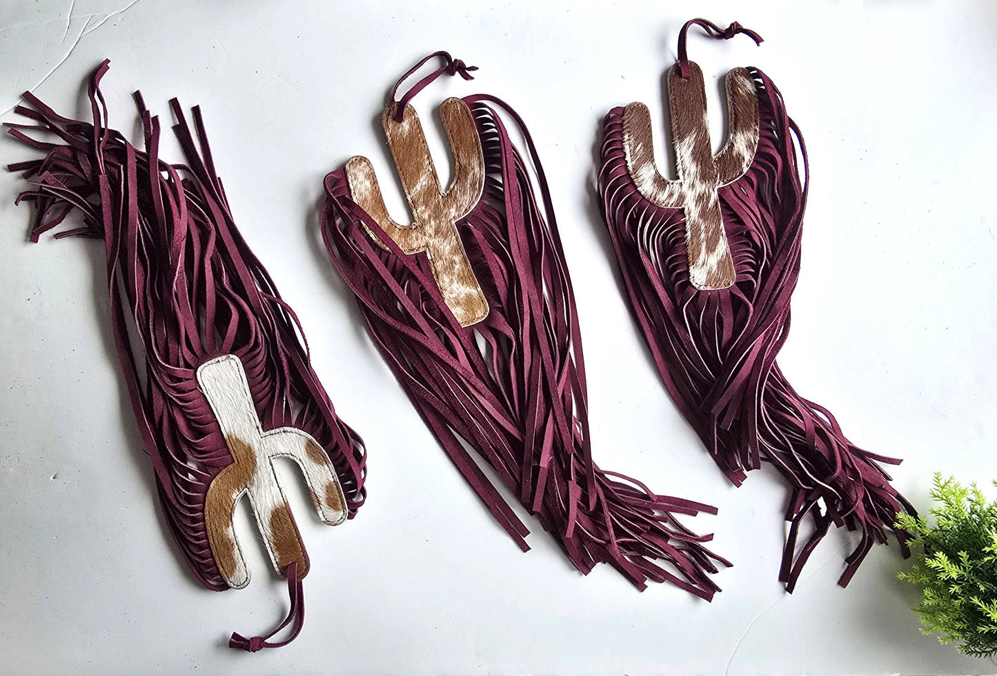 Cowhide Bag Charm - Large Cactus - Leather Fringes, Tassels
