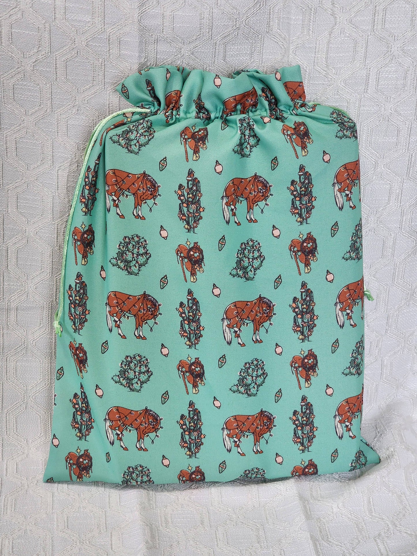 Western Christmas Reusable Gift Bags- Turquoise Ponies Print