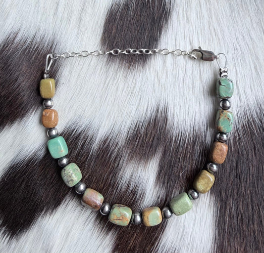 Polished Turquoise Bead and Sterling Pearl Bracelet