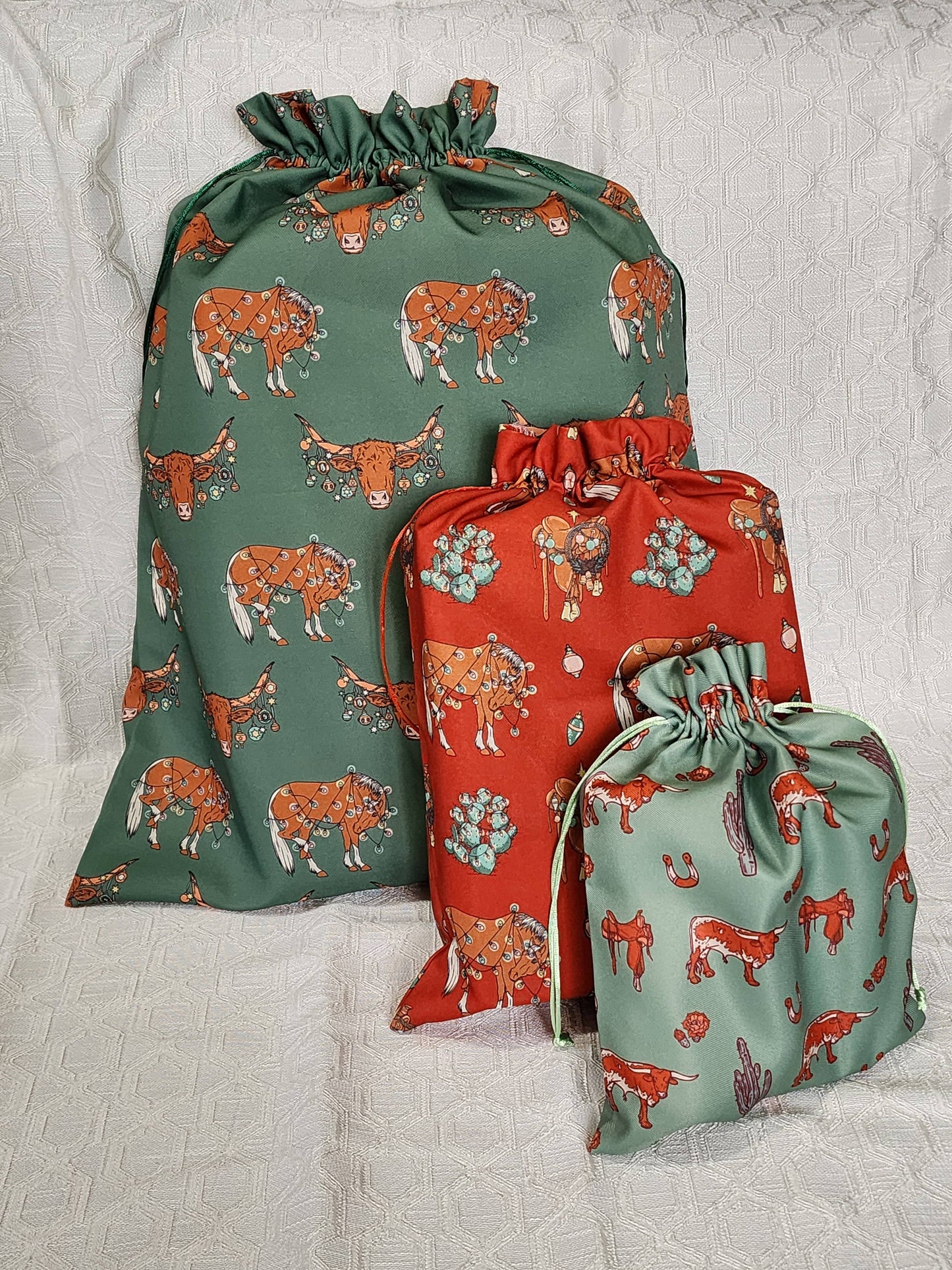 Western Christmas Reusable Gift Bag-Green Longhorns/Ponies
