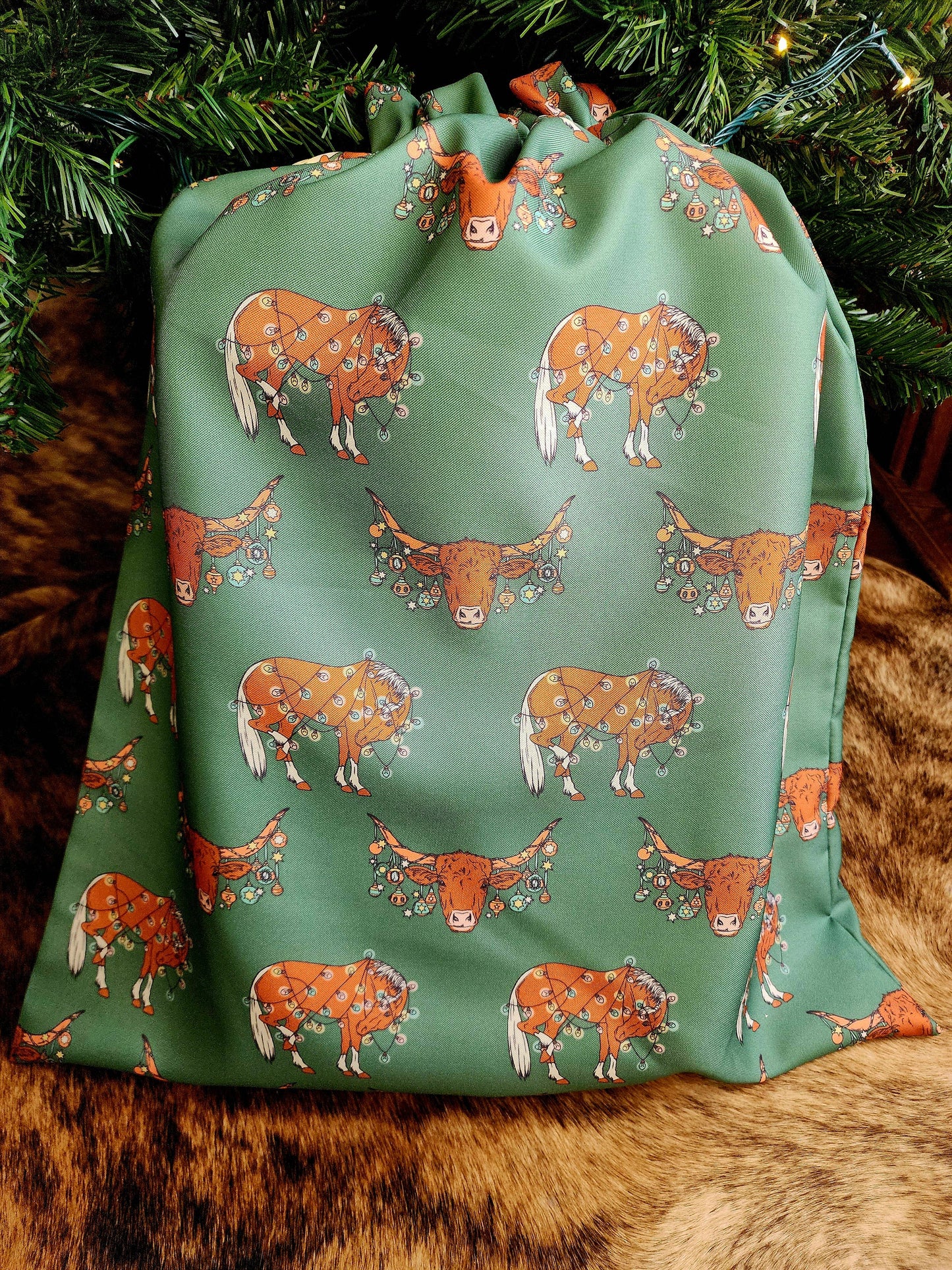 Western Christmas Reusable Gift Bag-Green Longhorns/Ponies