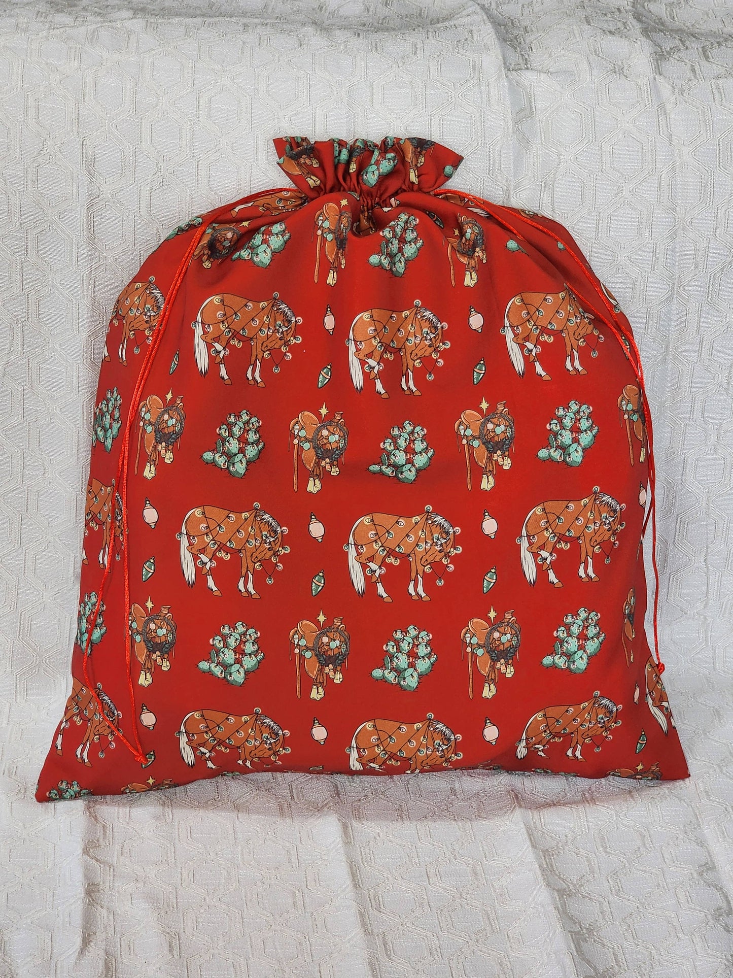 Western Christmas Reusable Gift Bags-Red Ponies Print